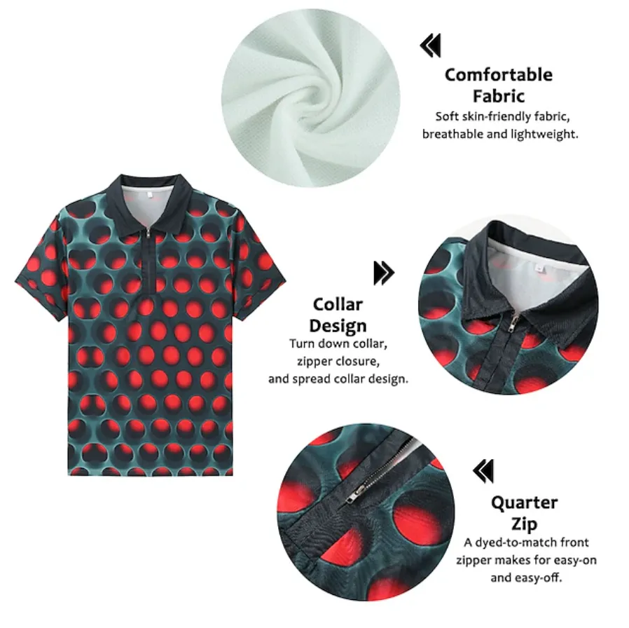 NEW Men's Polo Shirt Golf Shirt Optical Illusion Turndown Red Blue Purple Orange Green 3D Print Outdoor Street Short Sleeves Zipper Print Clothing Apparel Fashion Designer Casual Breathable, Sz S, Retails $73