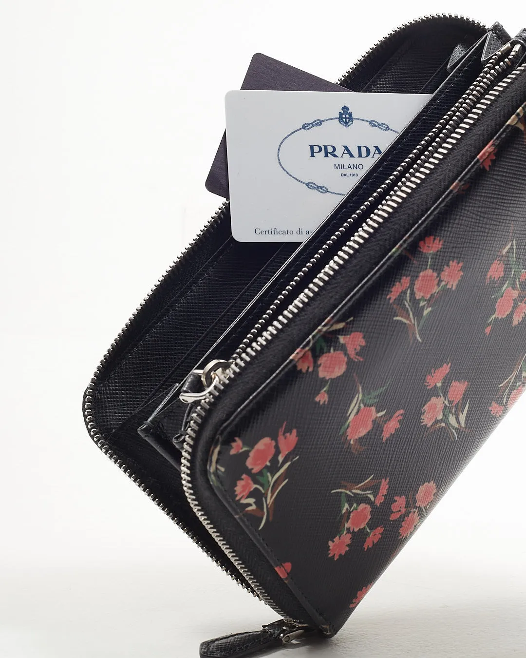 Prada Black Floral Saffiano Leather Long Zipper Wallet