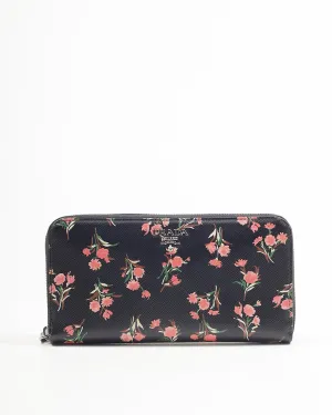 Prada Black Floral Saffiano Leather Long Zipper Wallet