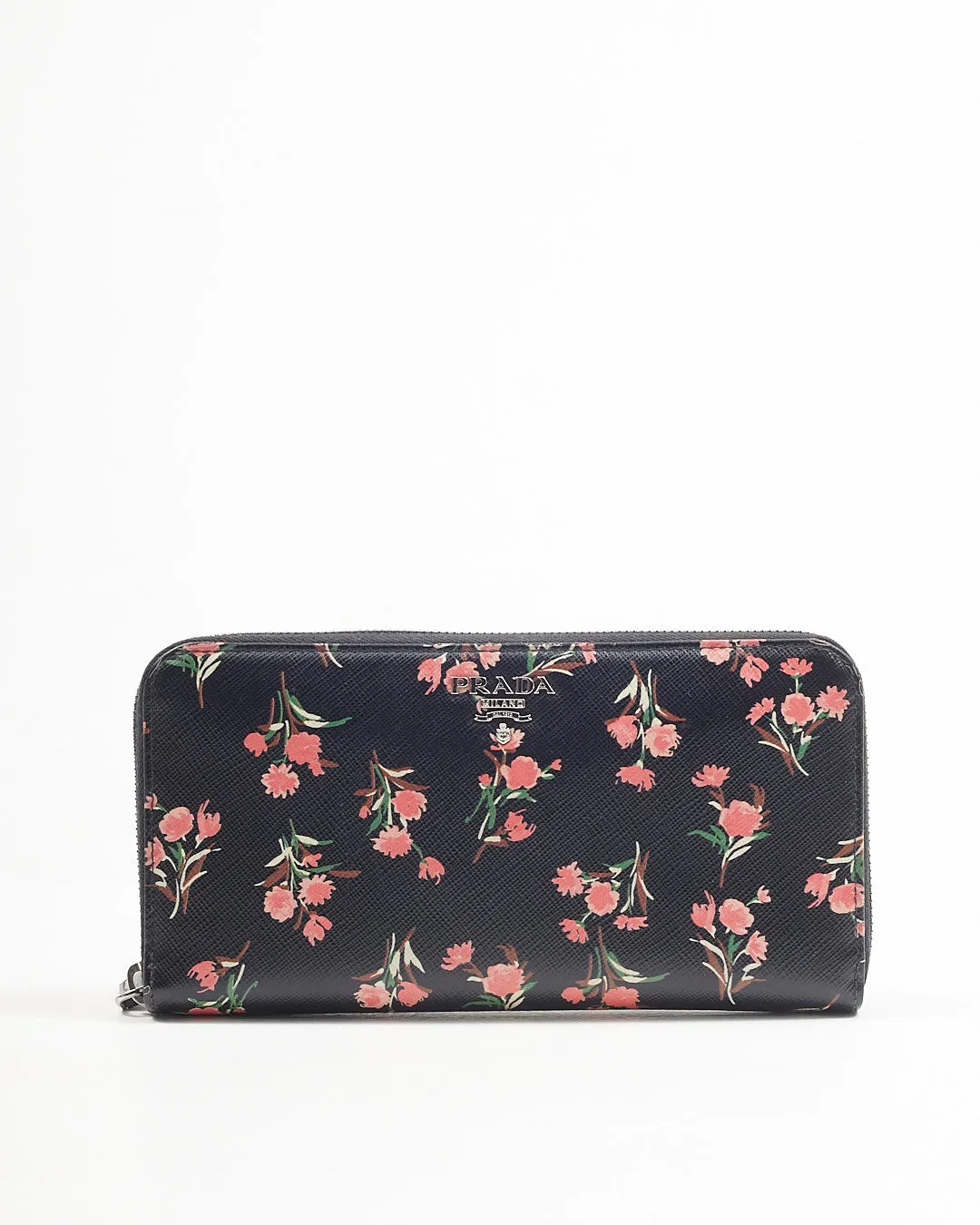 Prada Black Floral Saffiano Leather Long Zipper Wallet