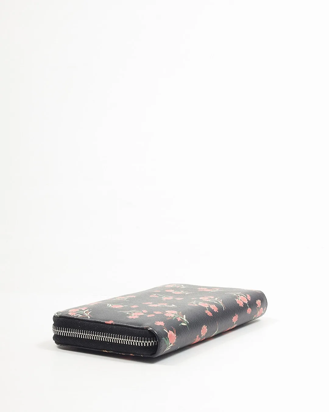 Prada Black Floral Saffiano Leather Long Zipper Wallet