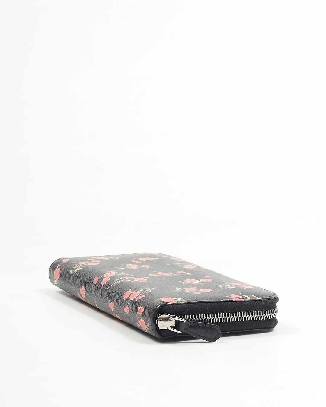 Prada Black Floral Saffiano Leather Long Zipper Wallet