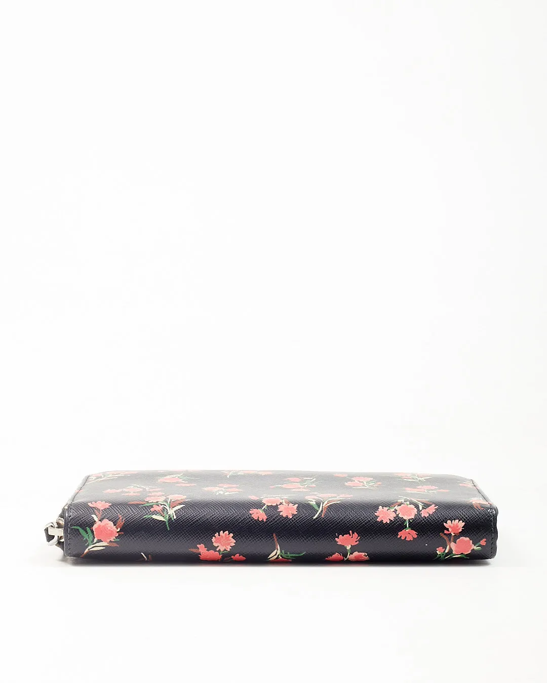 Prada Black Floral Saffiano Leather Long Zipper Wallet
