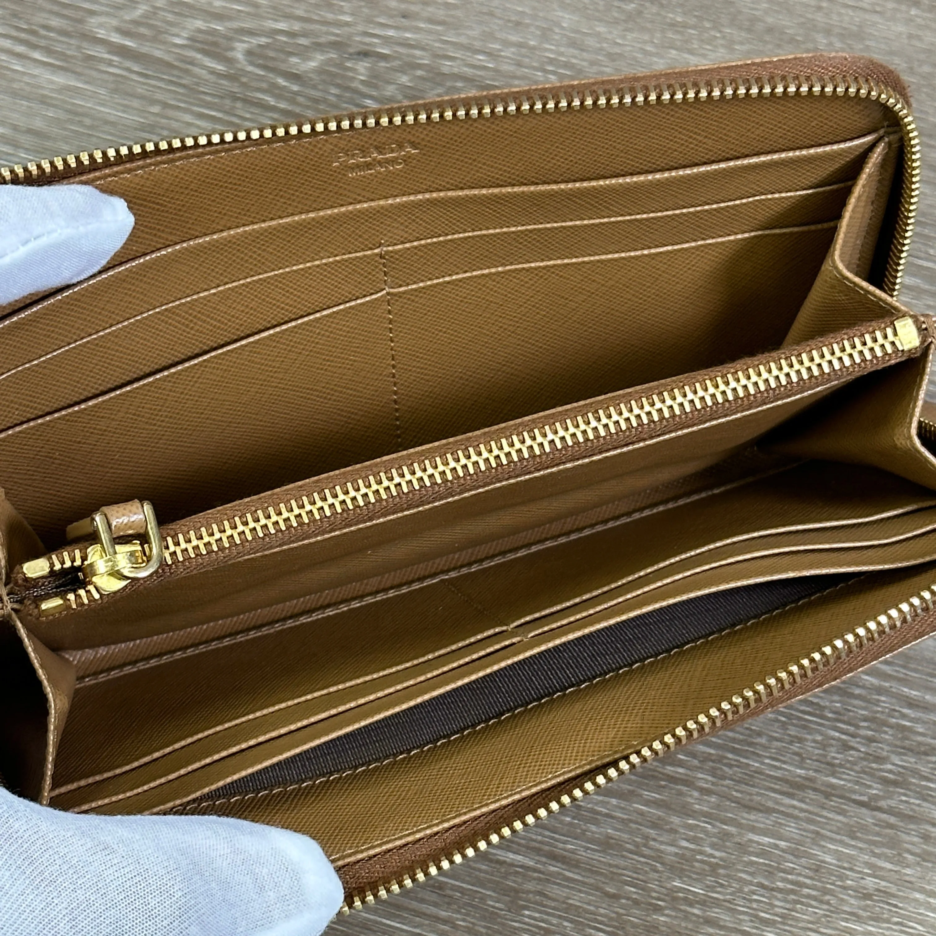 Prada Caramel Saffiano Leather Zip Around Wallet