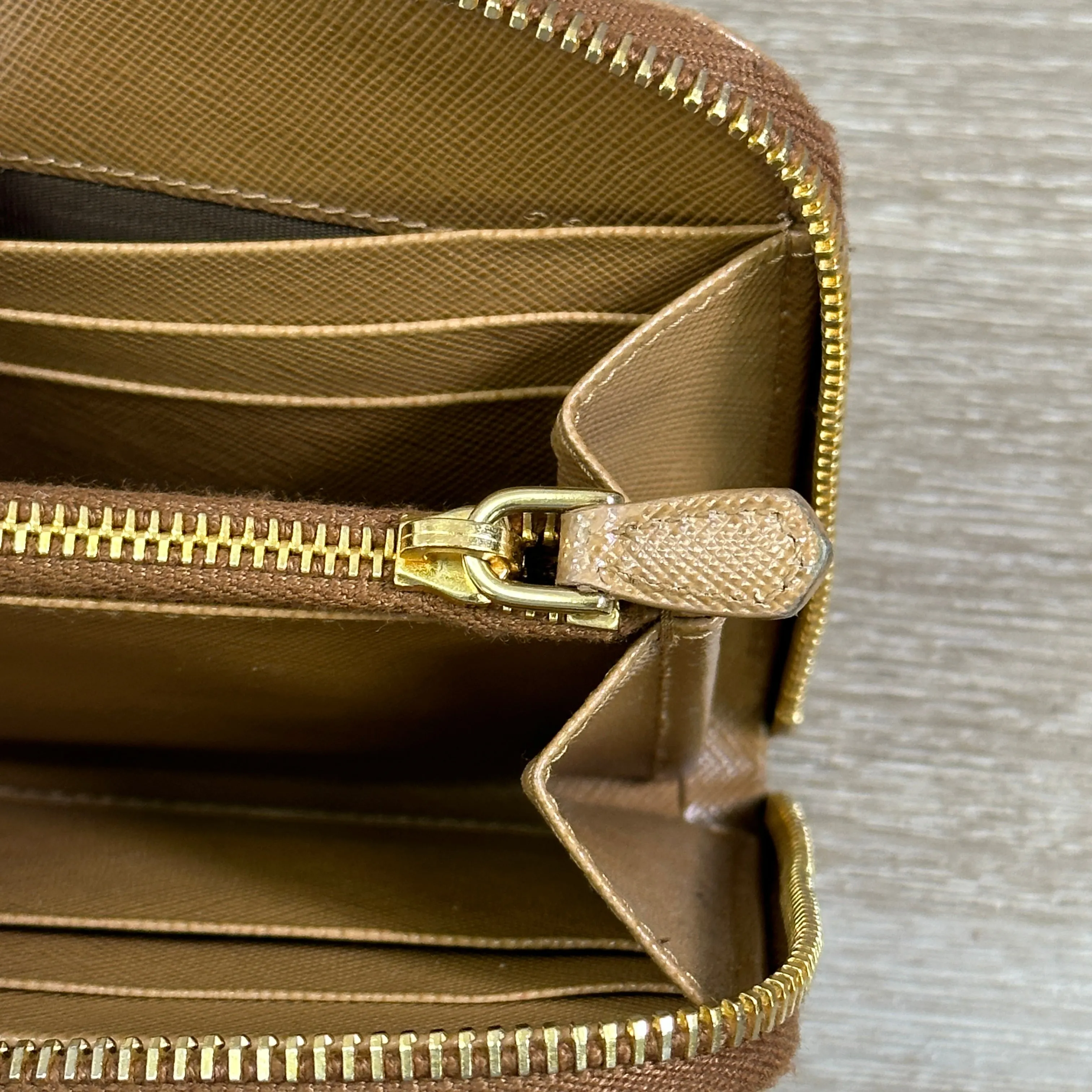 Prada Caramel Saffiano Leather Zip Around Wallet