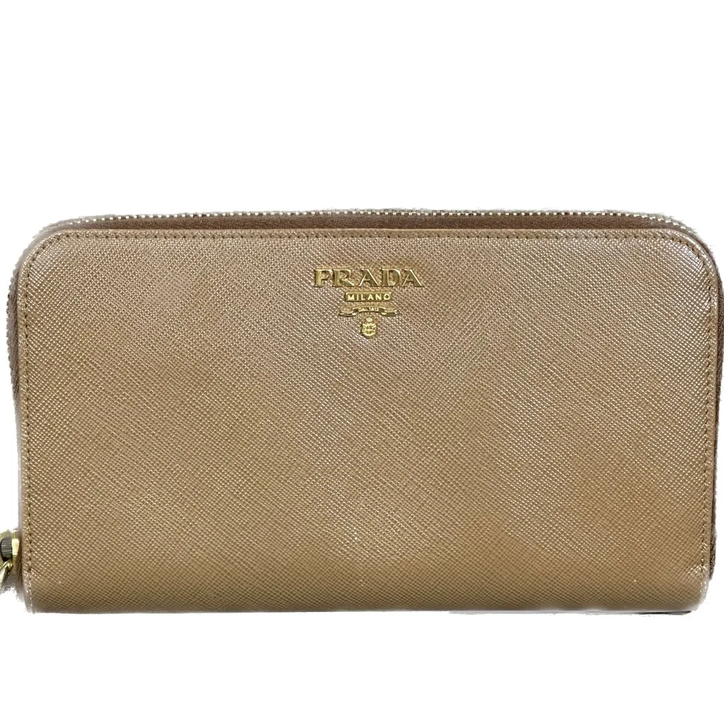Prada Caramel Saffiano Leather Zip Around Wallet
