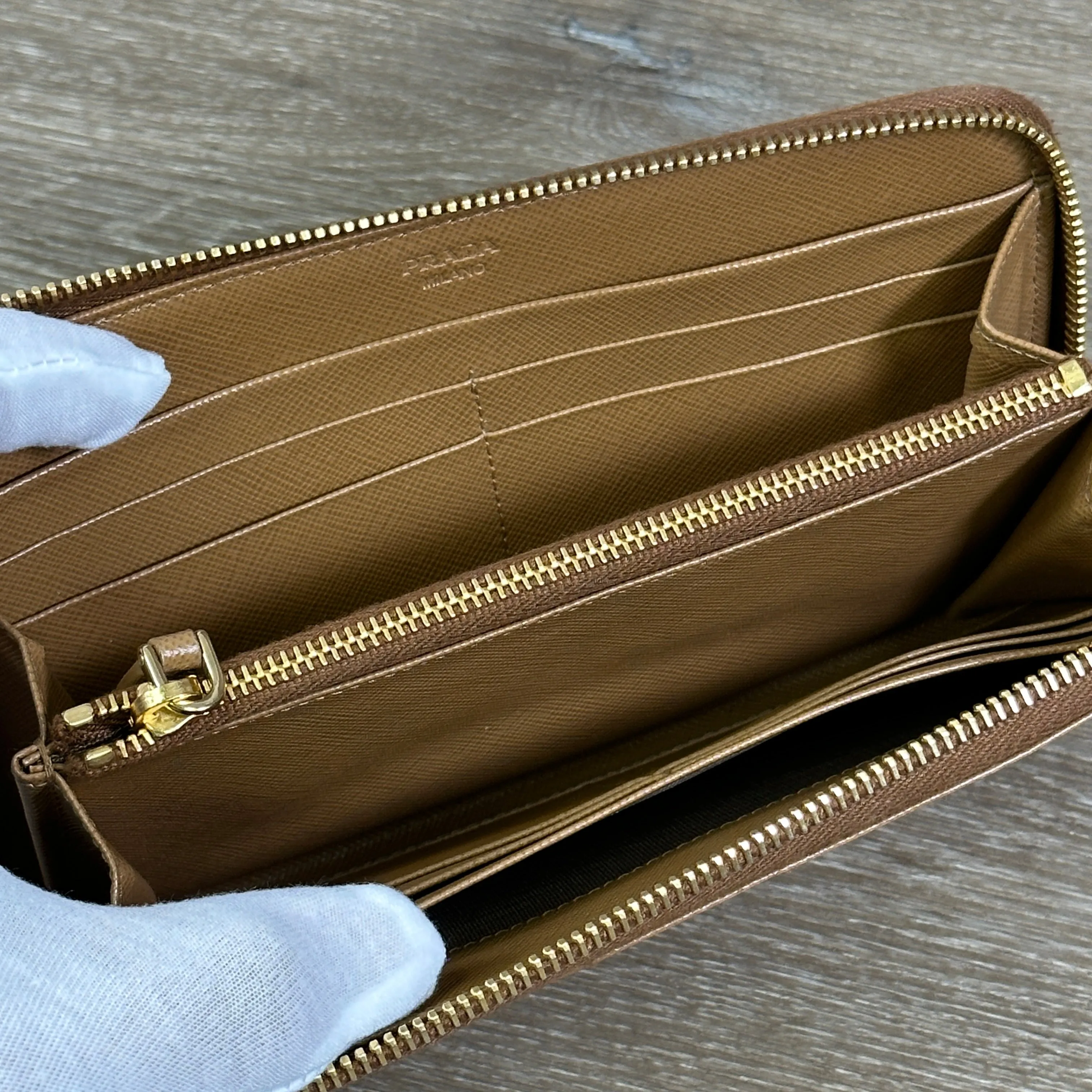 Prada Caramel Saffiano Leather Zip Around Wallet