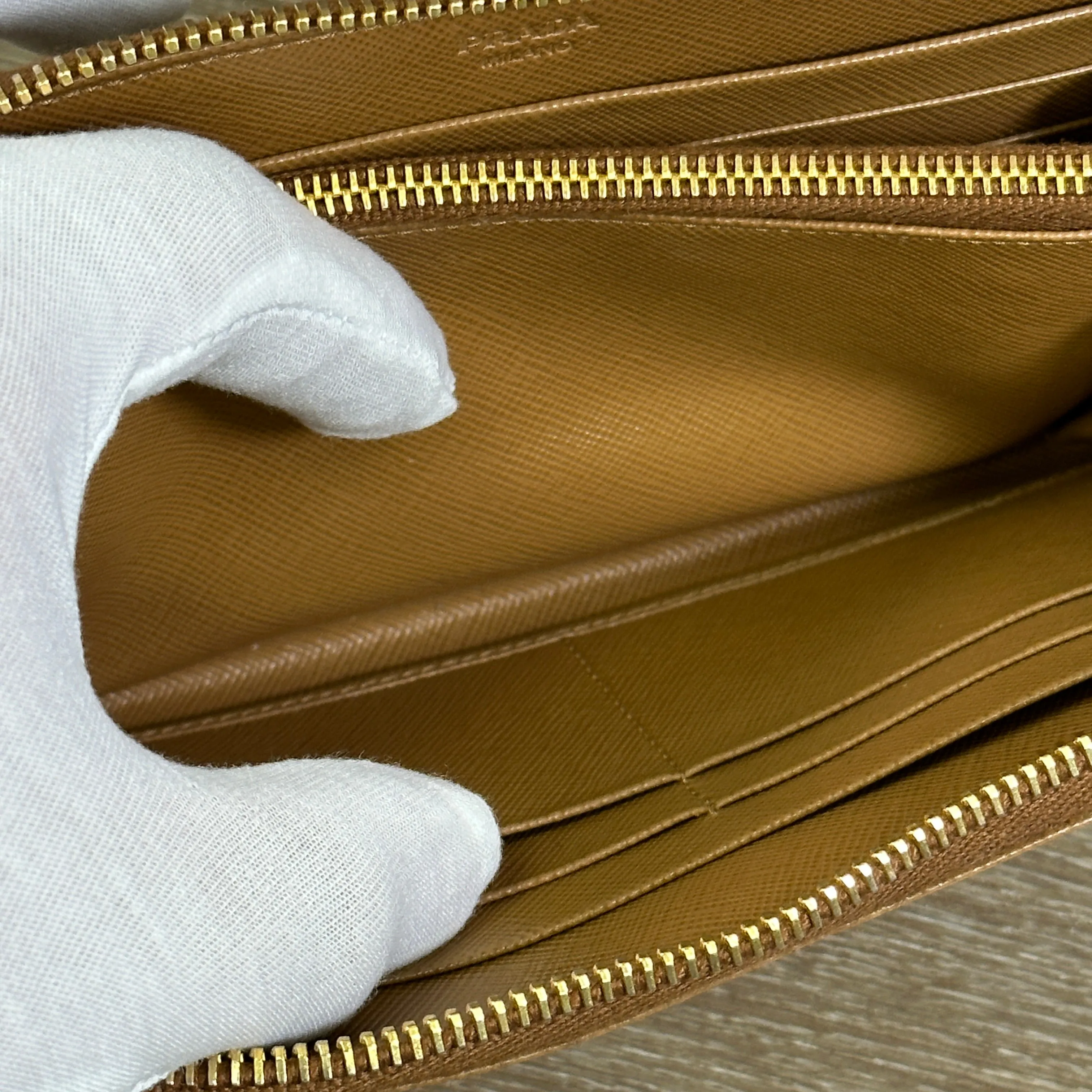 Prada Caramel Saffiano Leather Zip Around Wallet