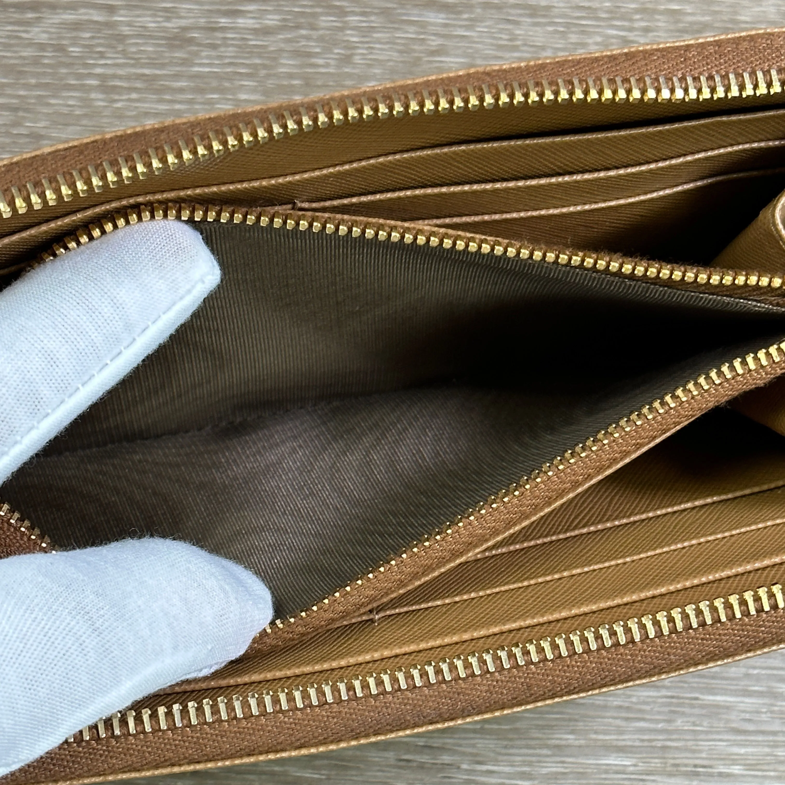 Prada Caramel Saffiano Leather Zip Around Wallet