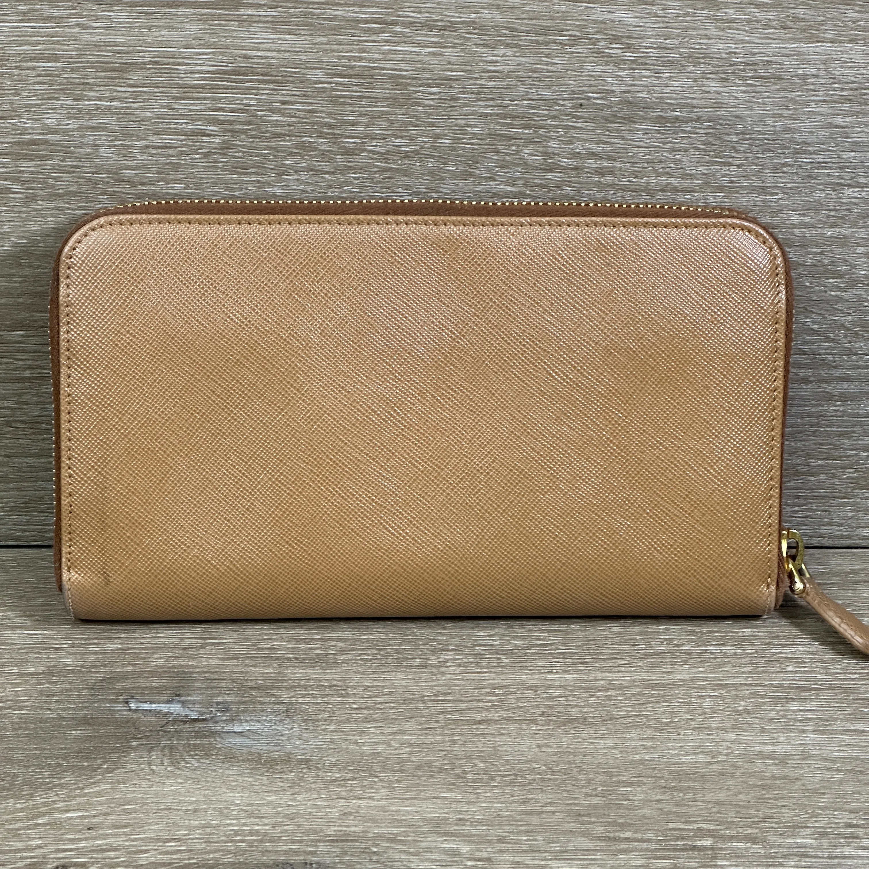 Prada Caramel Saffiano Leather Zip Around Wallet