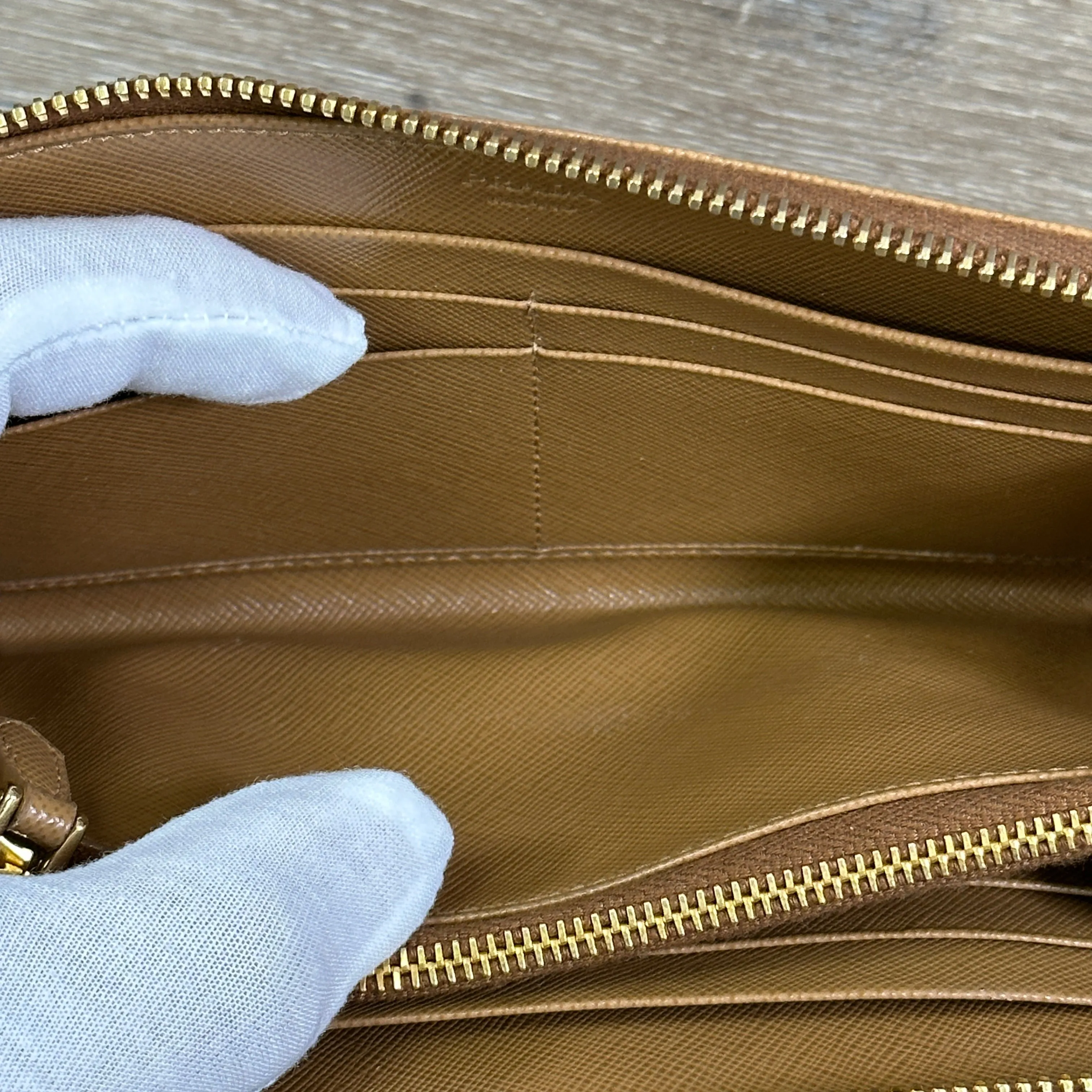 Prada Caramel Saffiano Leather Zip Around Wallet