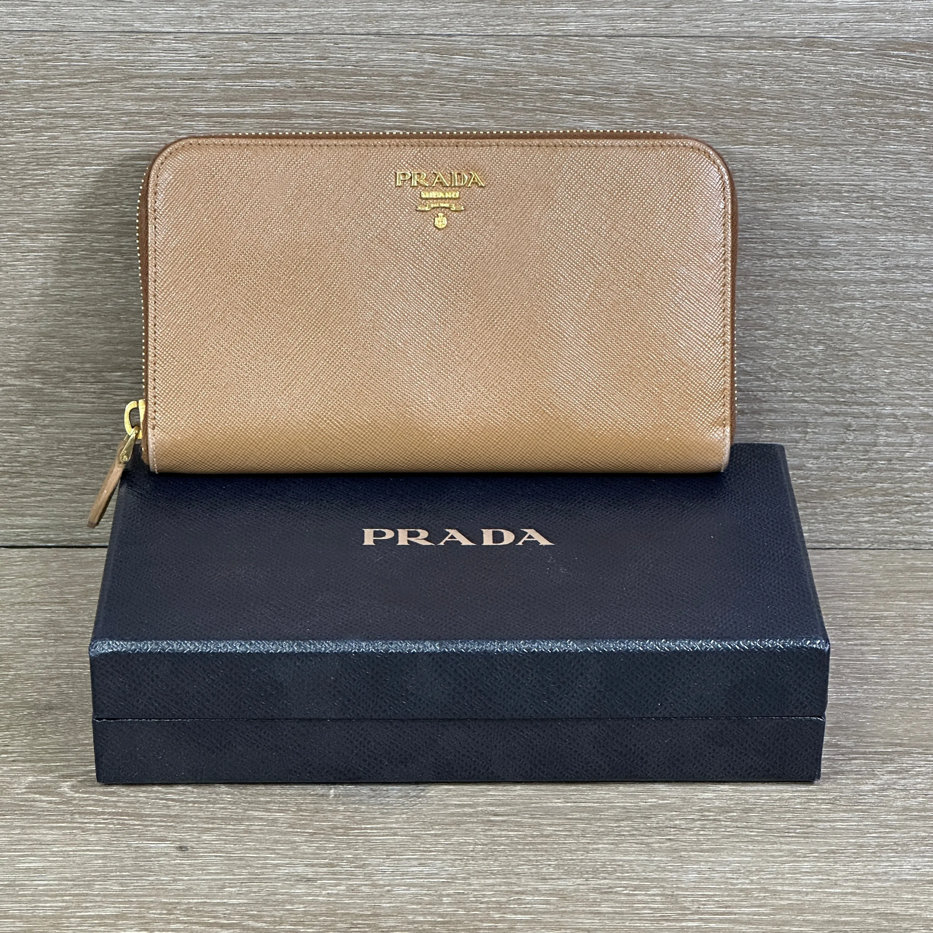 Prada Caramel Saffiano Leather Zip Around Wallet