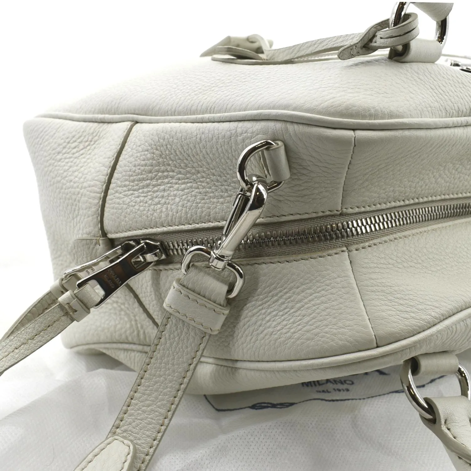 PRADA Front Pocket Leather Tote Shoulder Bag Ivory