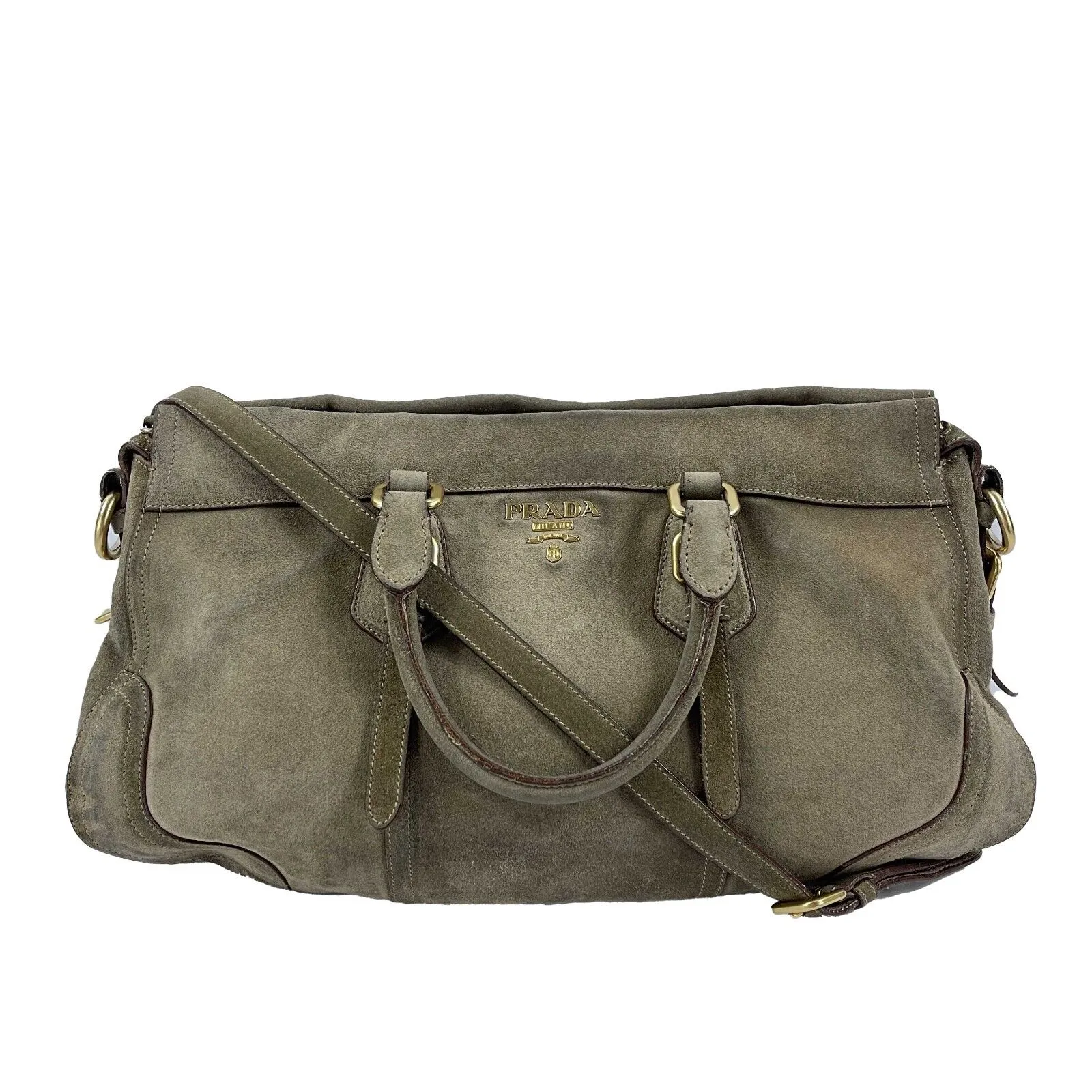 PRADA - Large Suede Buckle Bowling Bag - Camel Top Handle w/ Shoulder Strap