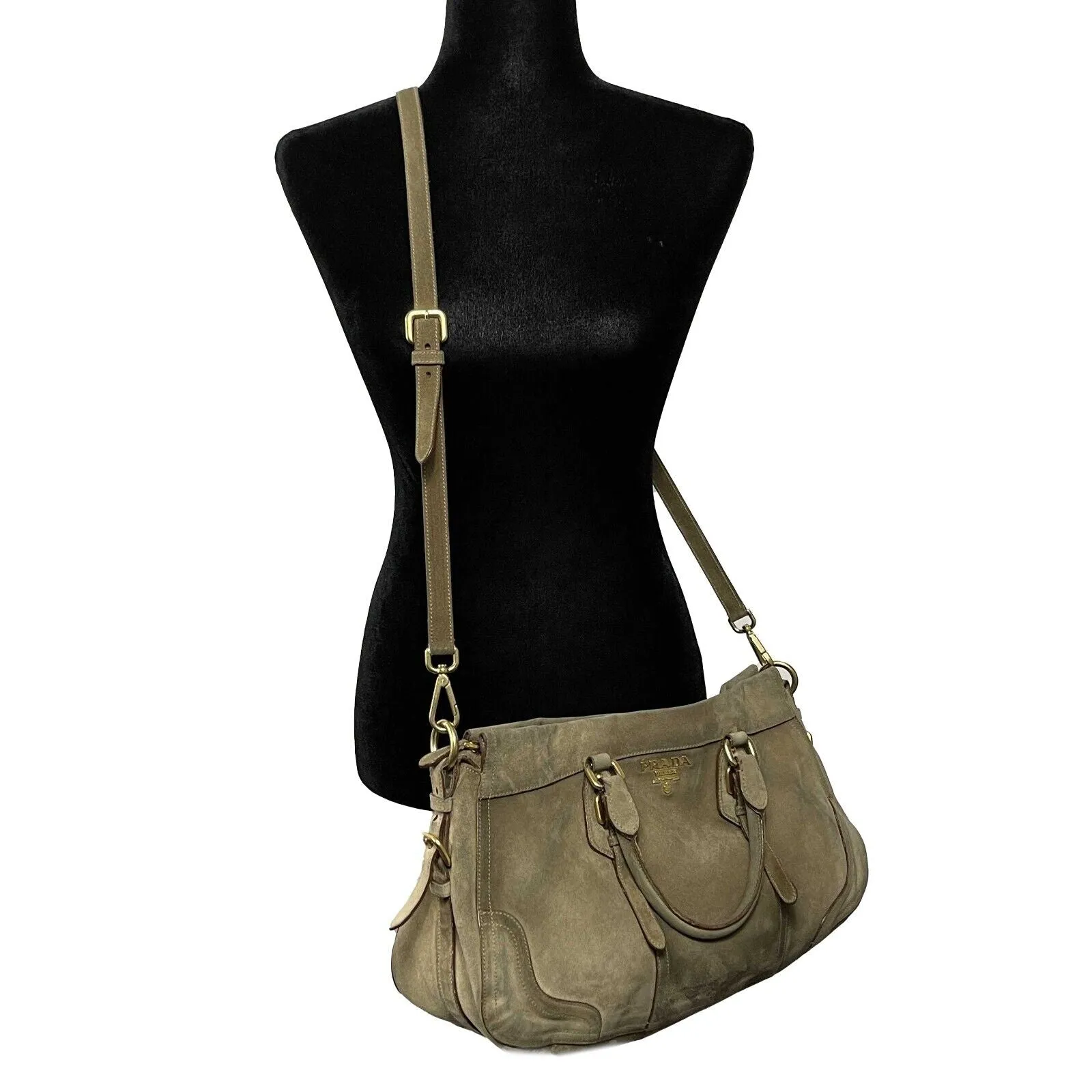 PRADA - Large Suede Buckle Bowling Bag - Camel Top Handle w/ Shoulder Strap