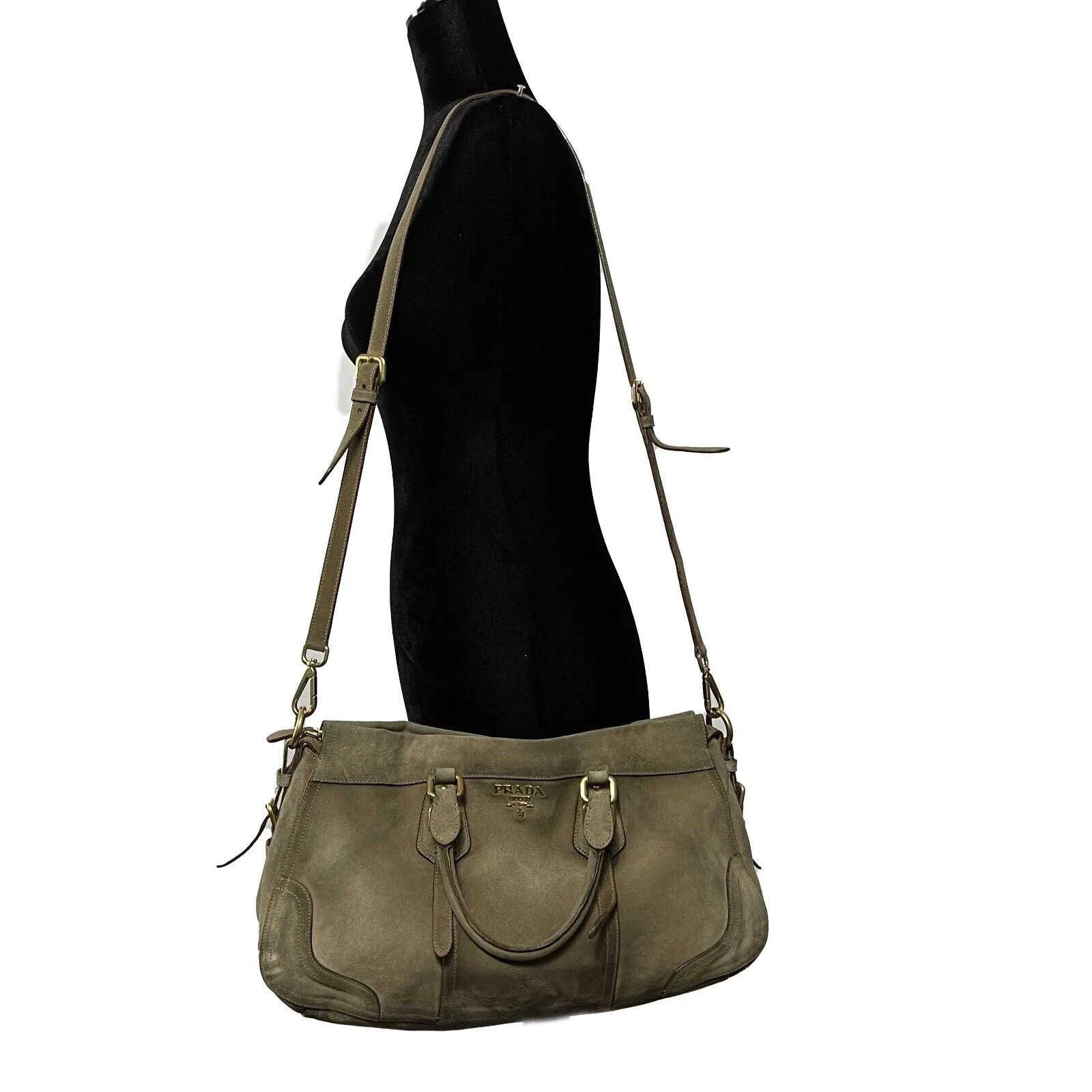 PRADA - Large Suede Buckle Bowling Bag - Camel Top Handle w/ Shoulder Strap