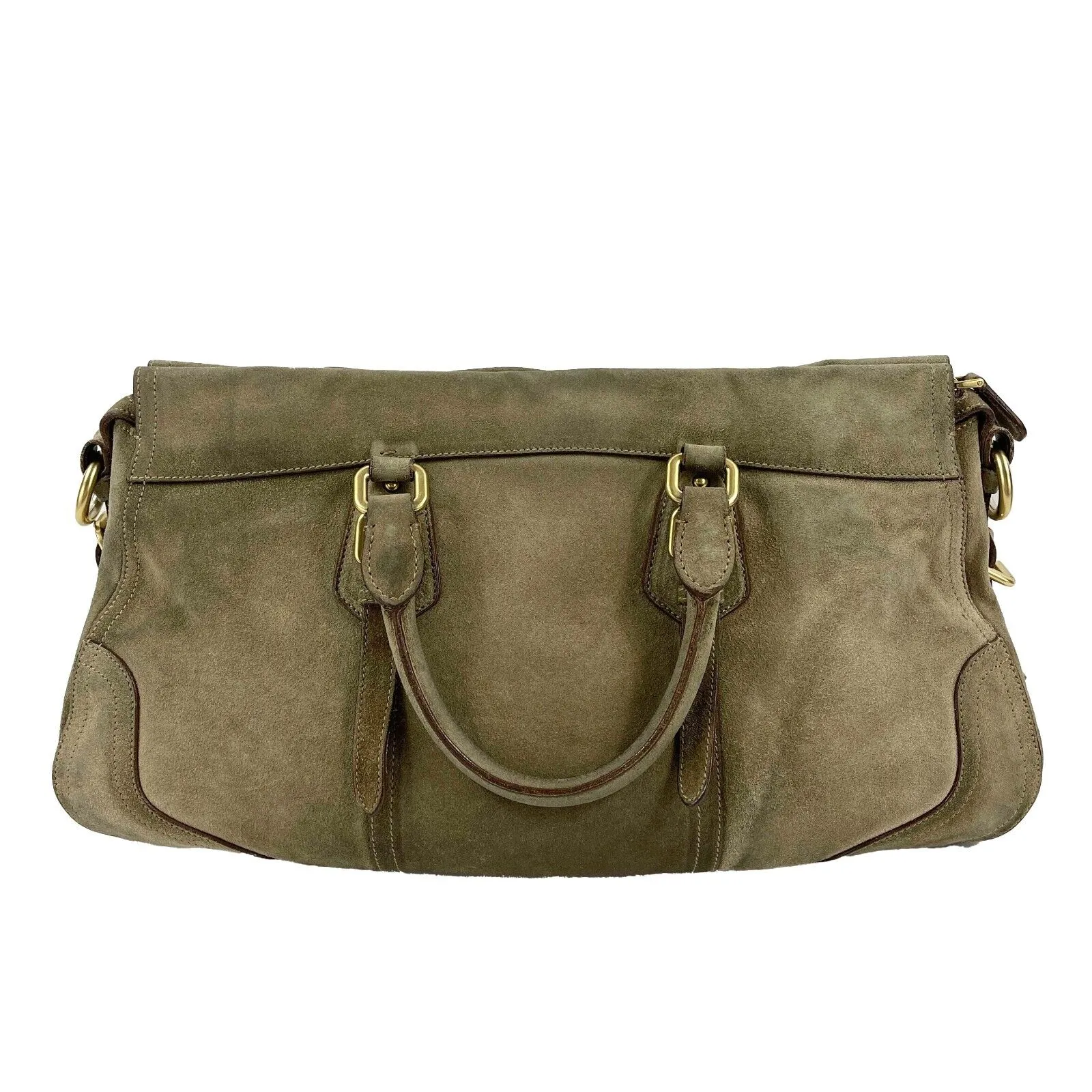 PRADA - Large Suede Buckle Bowling Bag - Camel Top Handle w/ Shoulder Strap