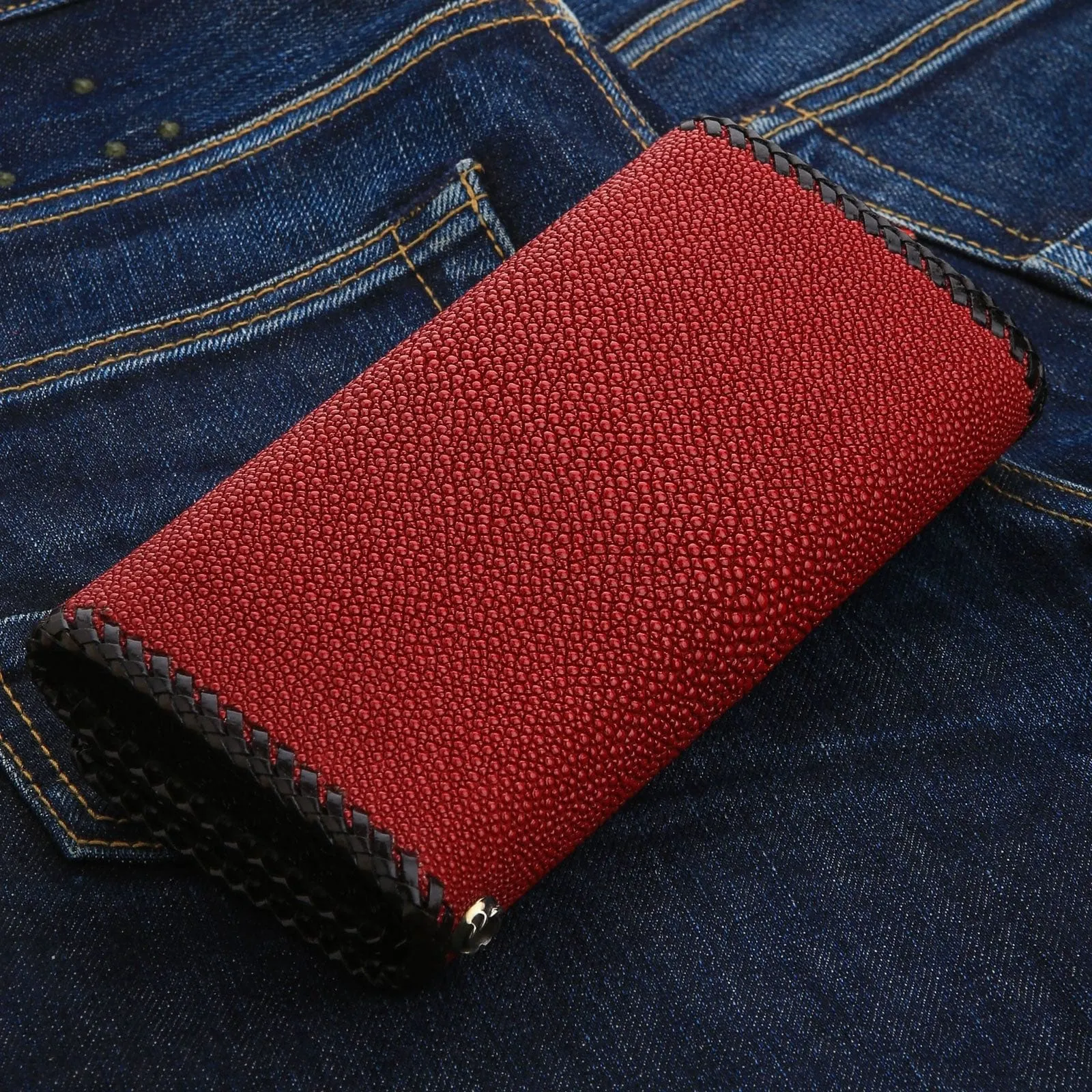 Red Genuine Stingray Skin Leather Trifold Biker Wallet