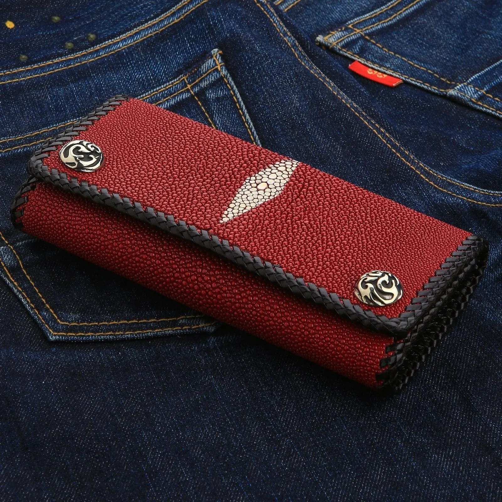 Red Genuine Stingray Skin Leather Trifold Biker Wallet