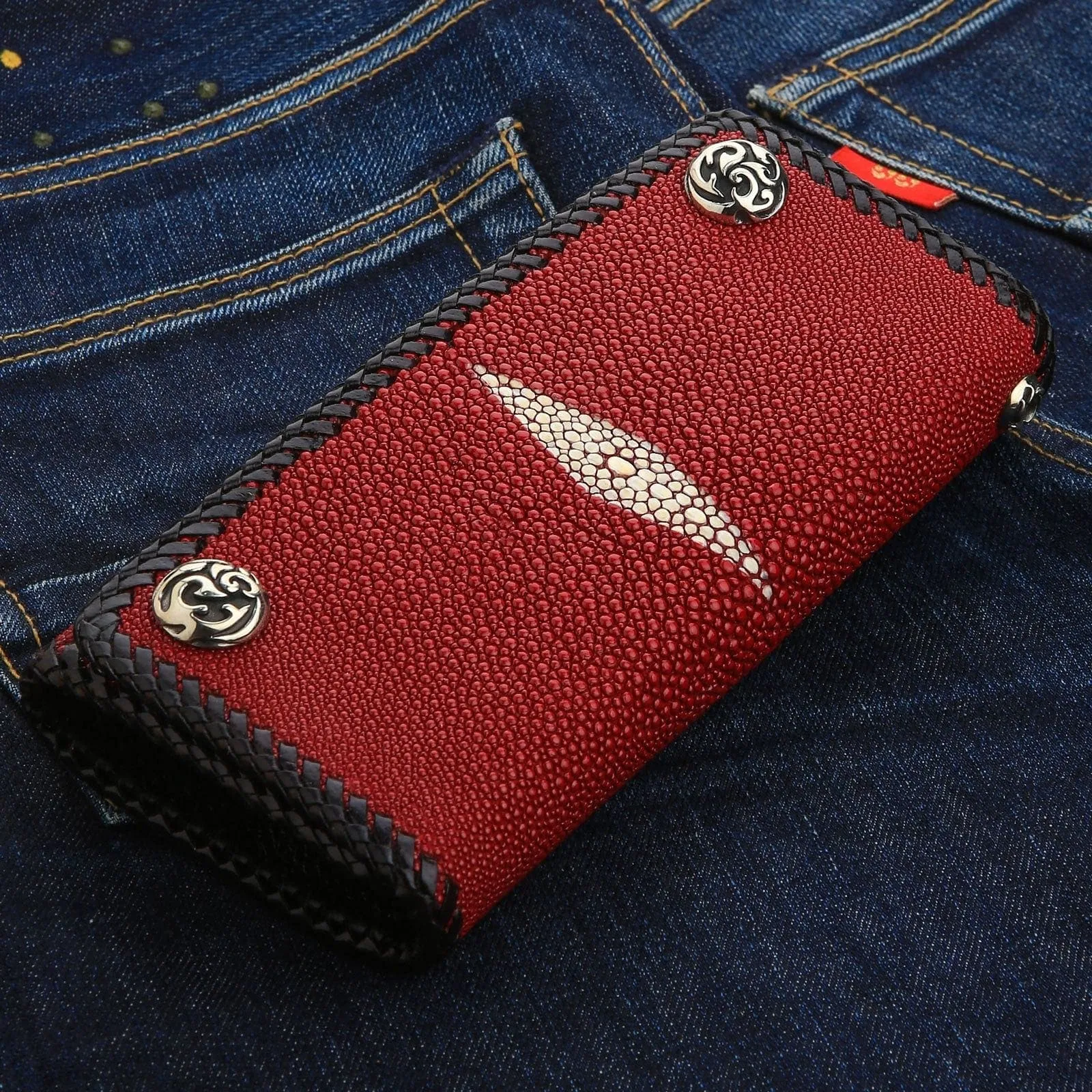 Red Genuine Stingray Skin Leather Trifold Biker Wallet