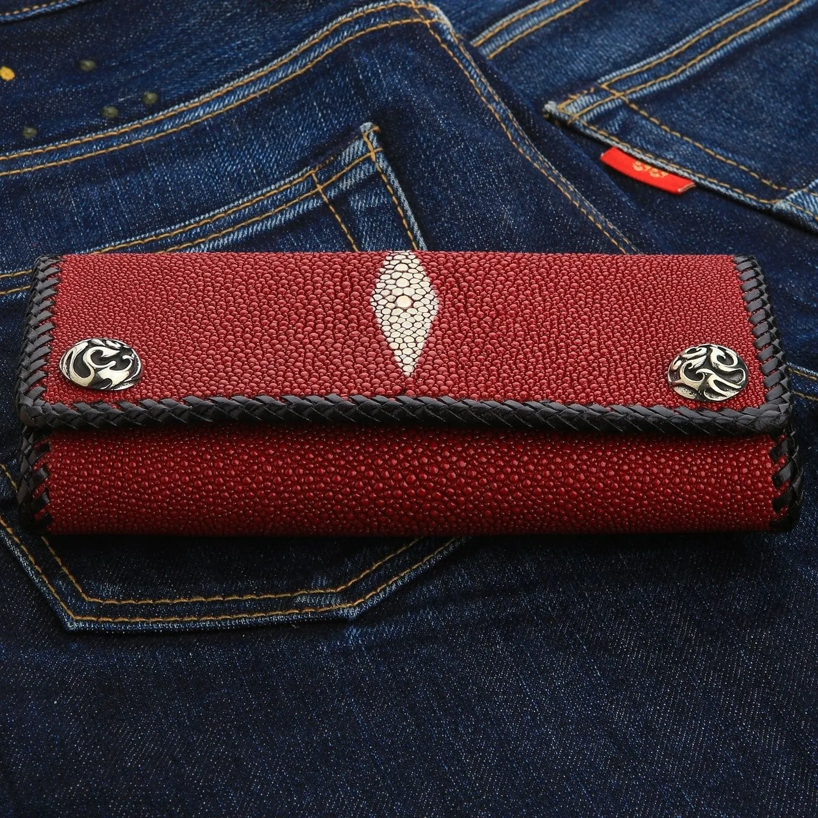 Red Genuine Stingray Skin Leather Trifold Biker Wallet