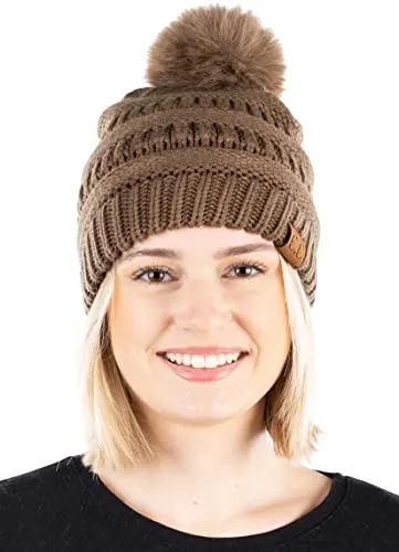 Ribbed Cable Knit Matching Faux Fur Pom Beanie