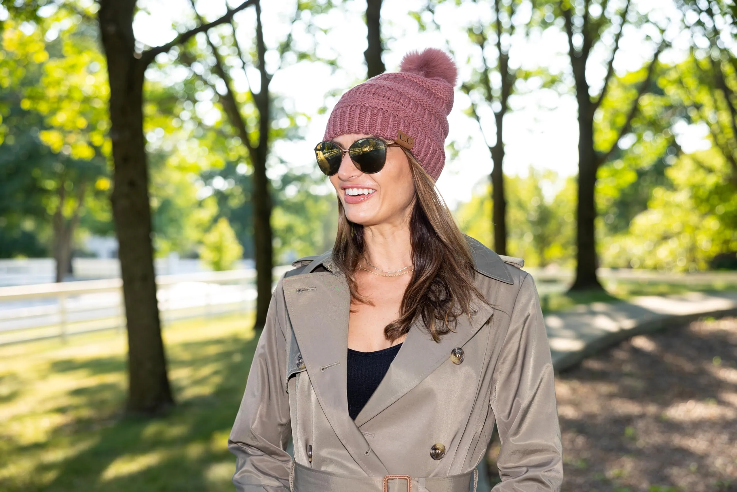 Ribbed Cable Knit Matching Faux Fur Pom Beanie