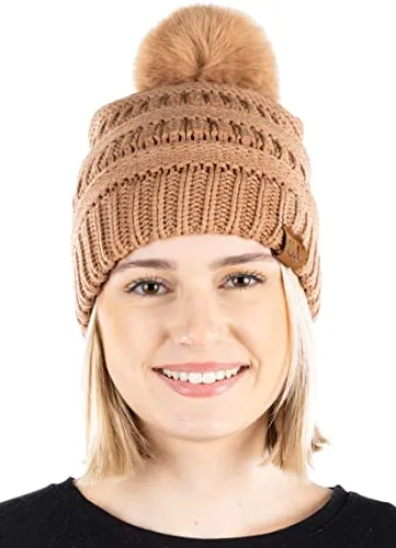 Ribbed Cable Knit Matching Faux Fur Pom Beanie