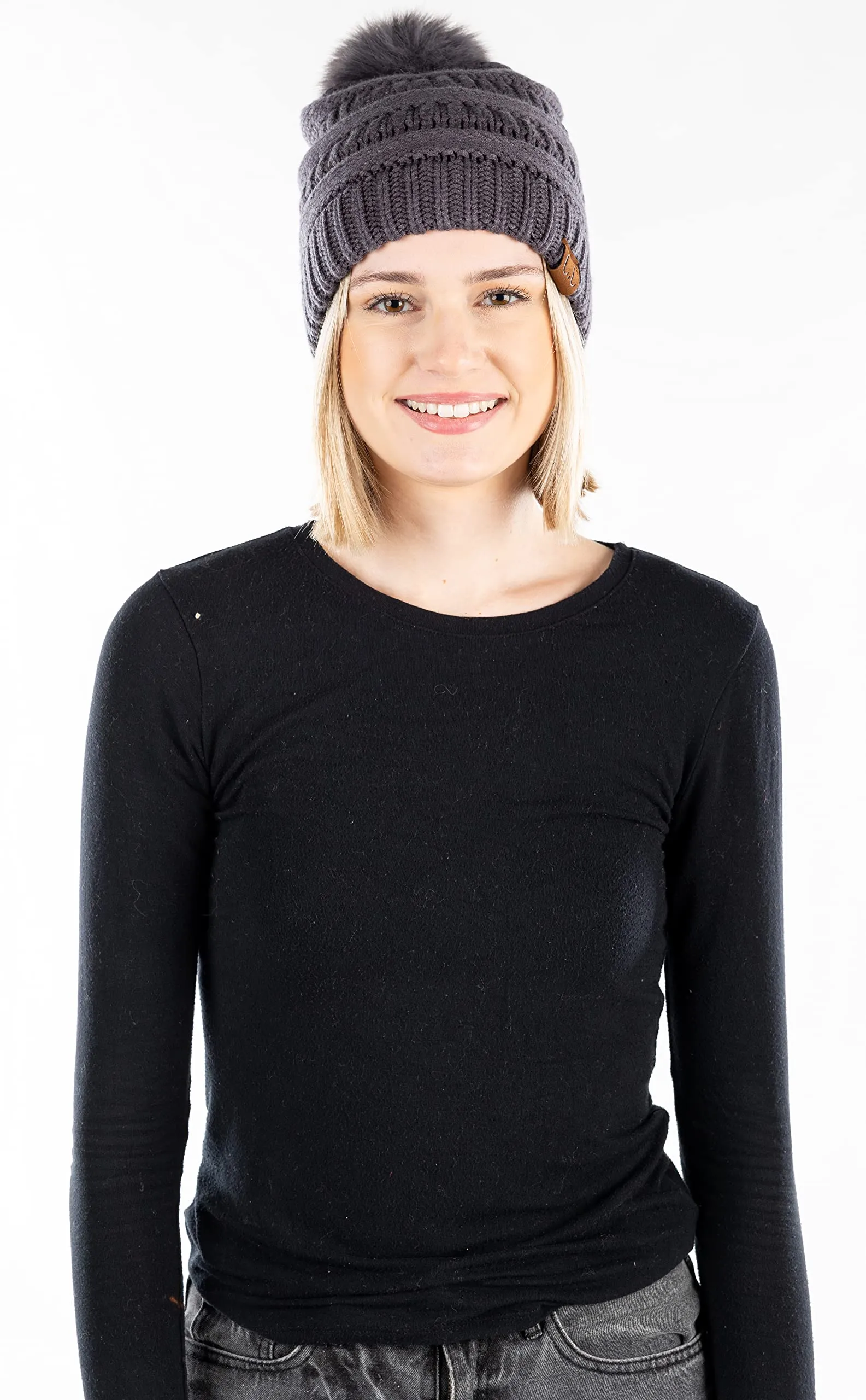 Ribbed Cable Knit Matching Faux Fur Pom Beanie