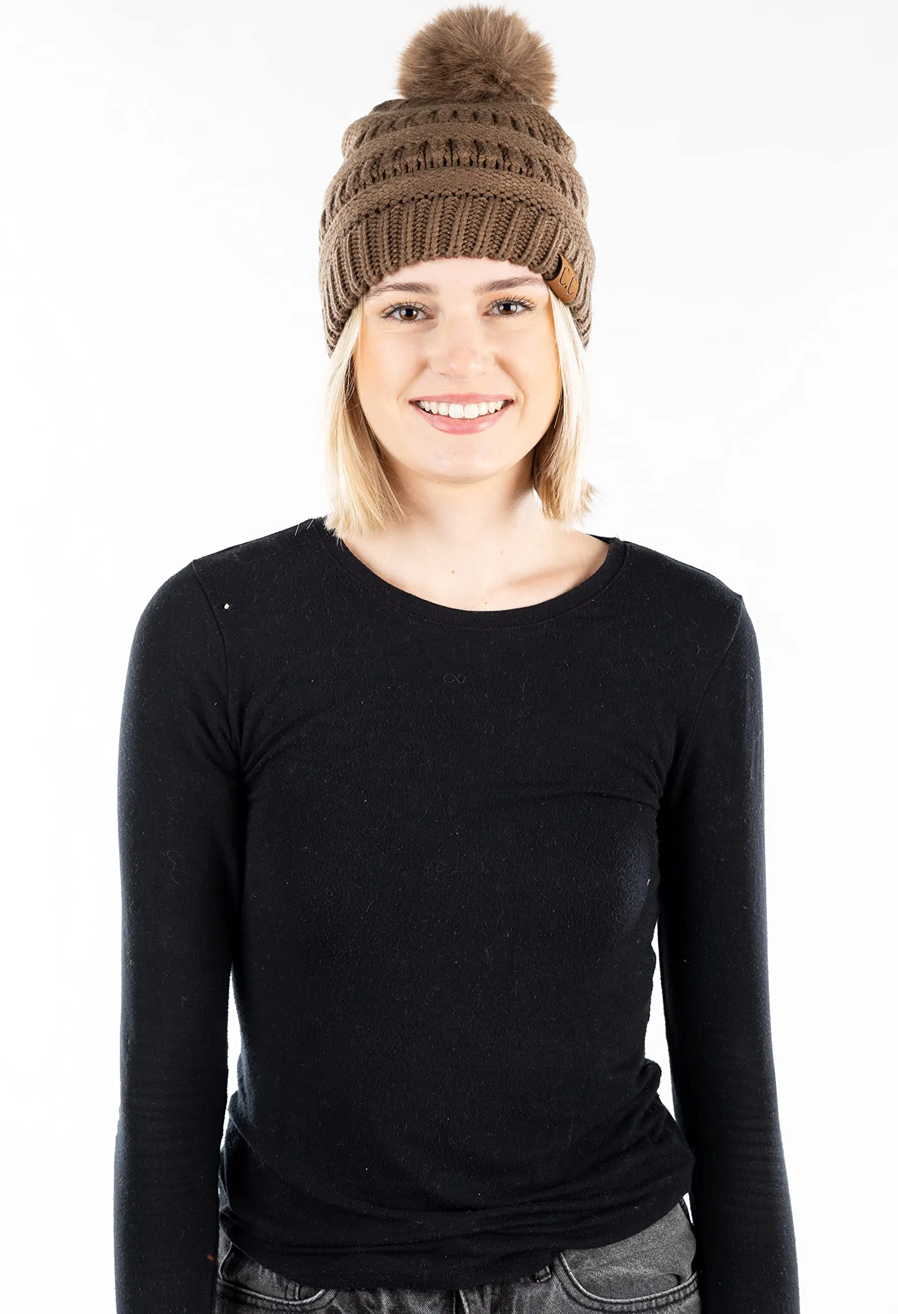 Ribbed Cable Knit Matching Faux Fur Pom Beanie