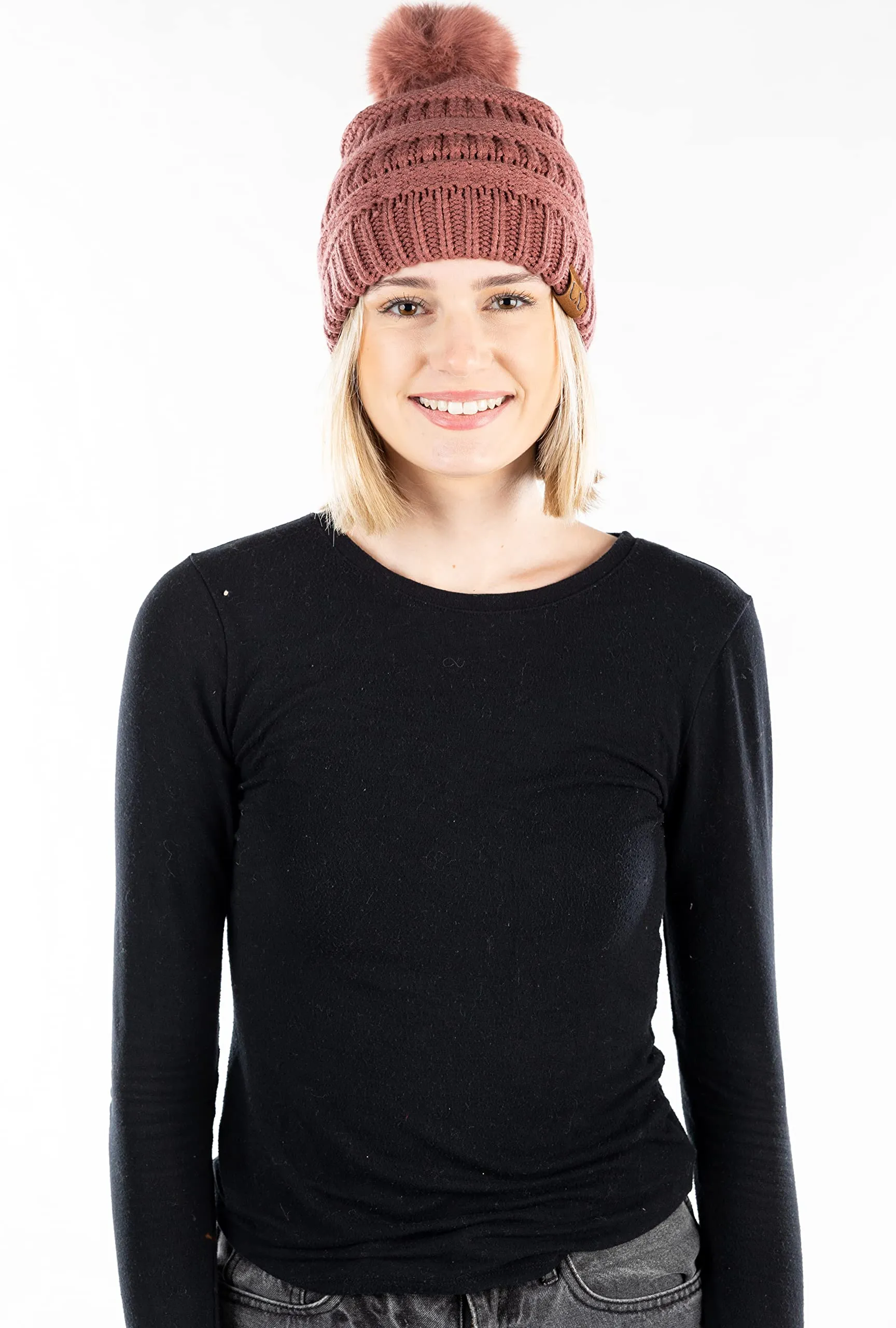 Ribbed Cable Knit Matching Faux Fur Pom Beanie