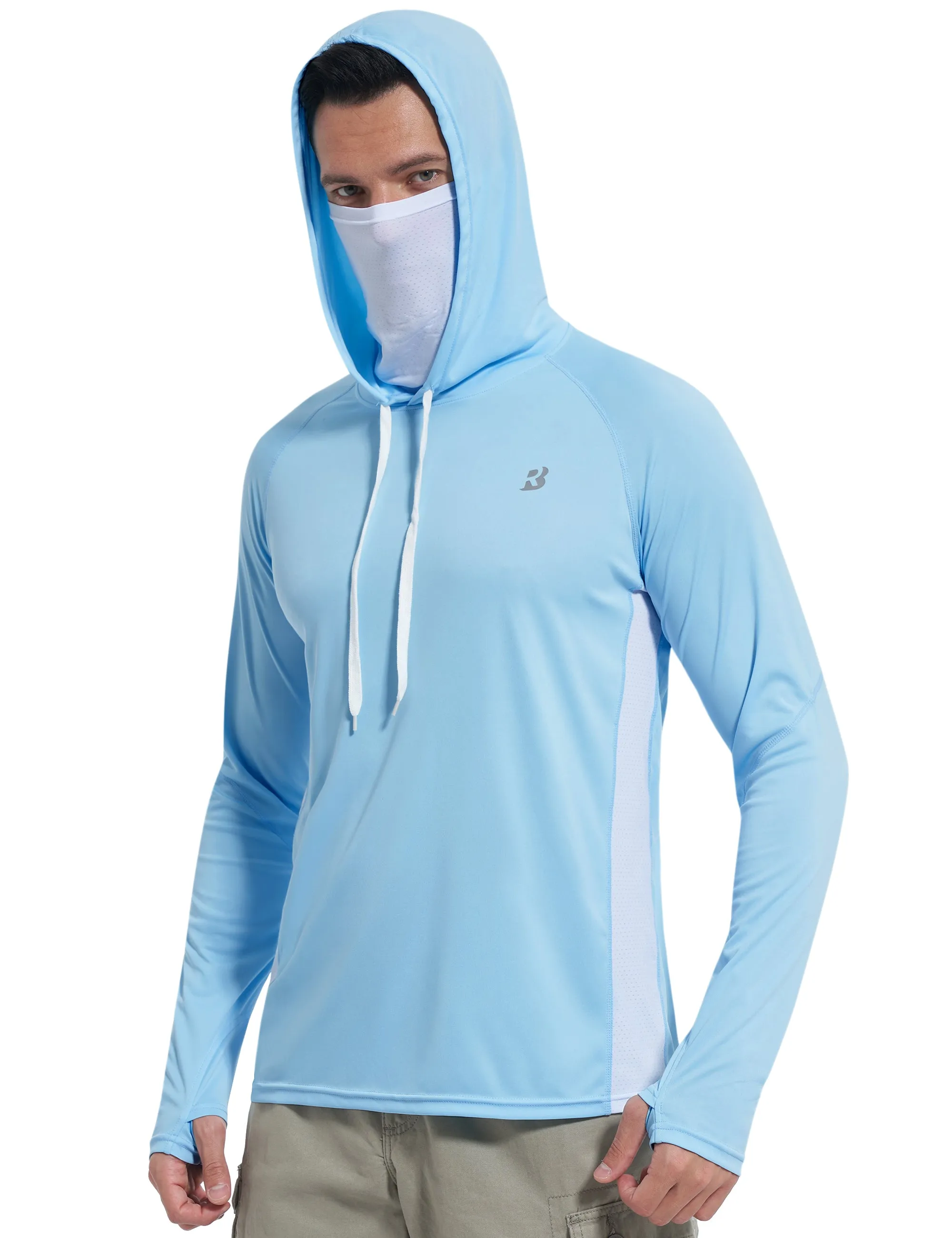 Roadbox Men's UPF 50  Sun Protection Hoodie Shirt with Mask - Performance Outdoor Mesh Sides Long Sleeve Athletic Driving Rash Guard Shirts