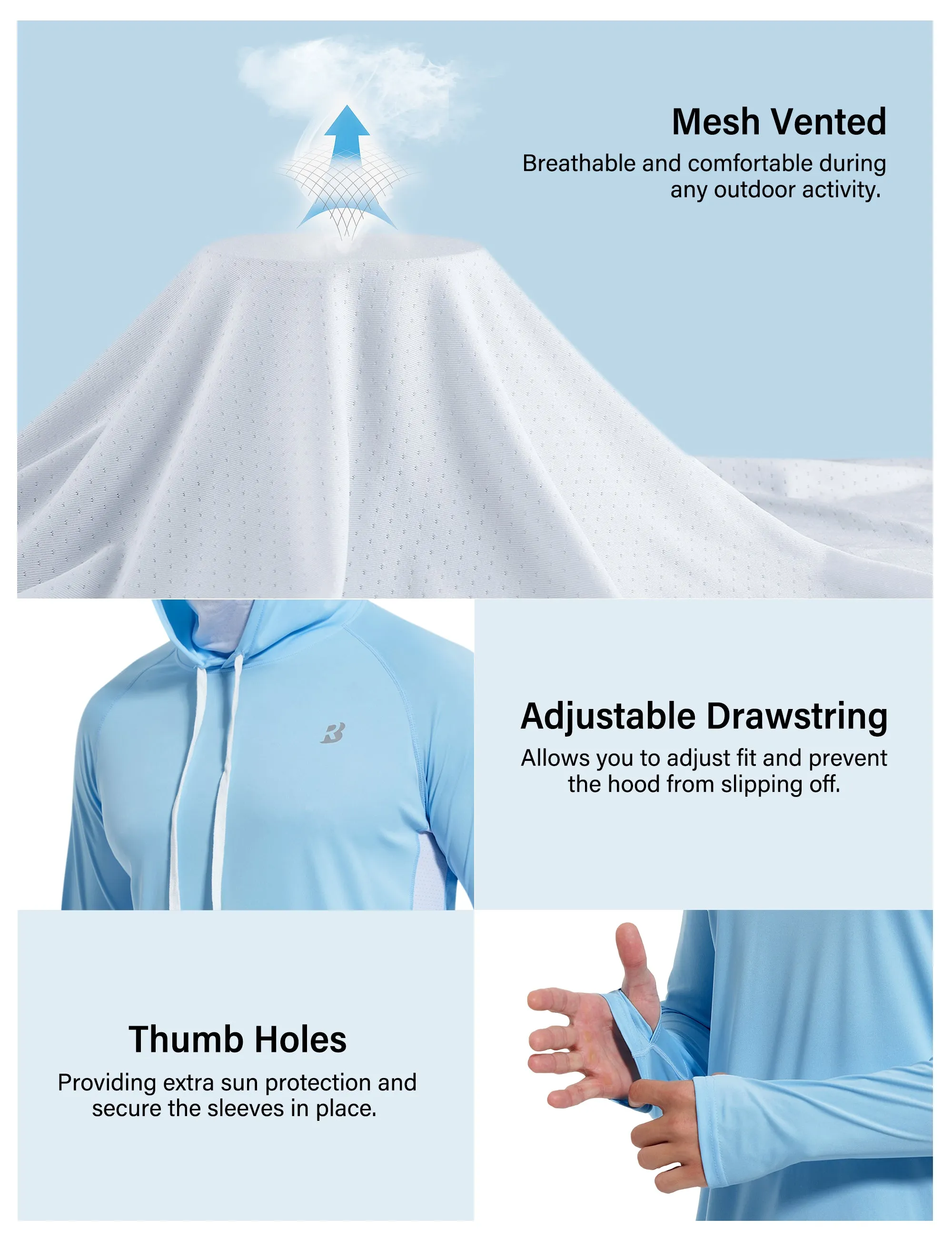 Roadbox Men's UPF 50  Sun Protection Hoodie Shirt with Mask - Performance Outdoor Mesh Sides Long Sleeve Athletic Driving Rash Guard Shirts