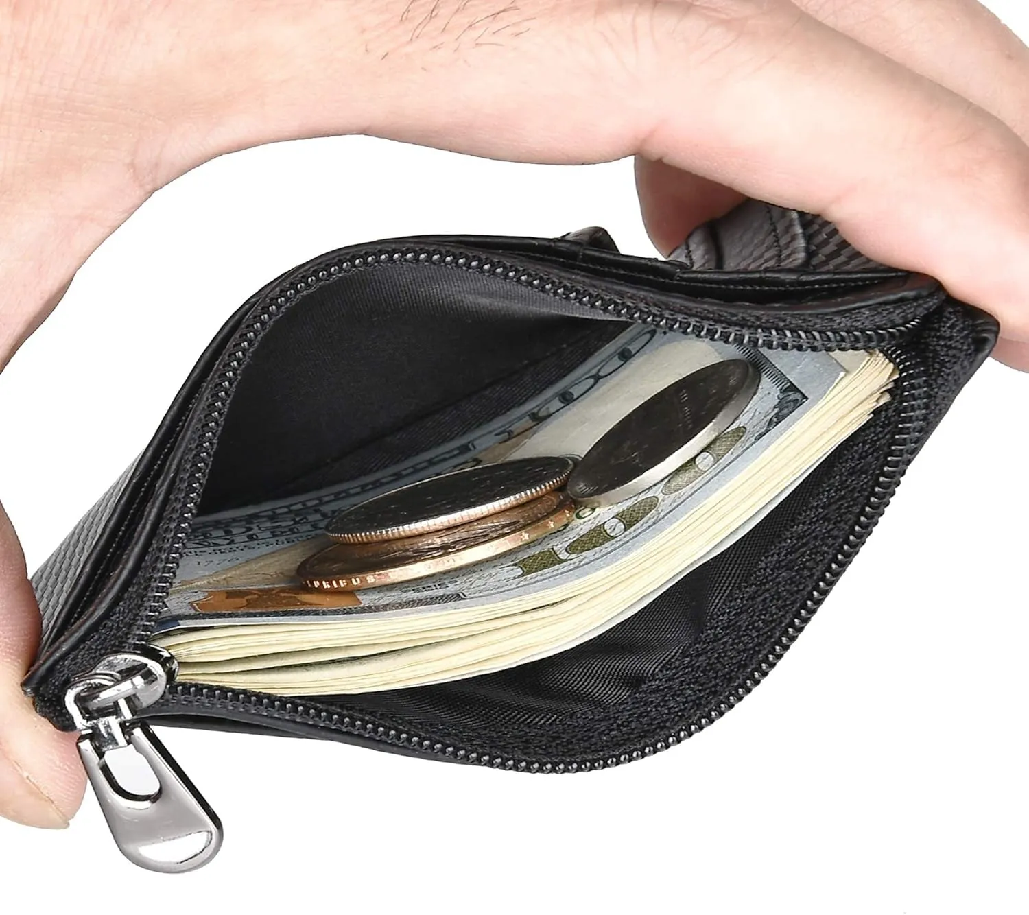 Slim Minimalist Zipper Front Pocket Wallet with Keychain Ring Lanyard Strap