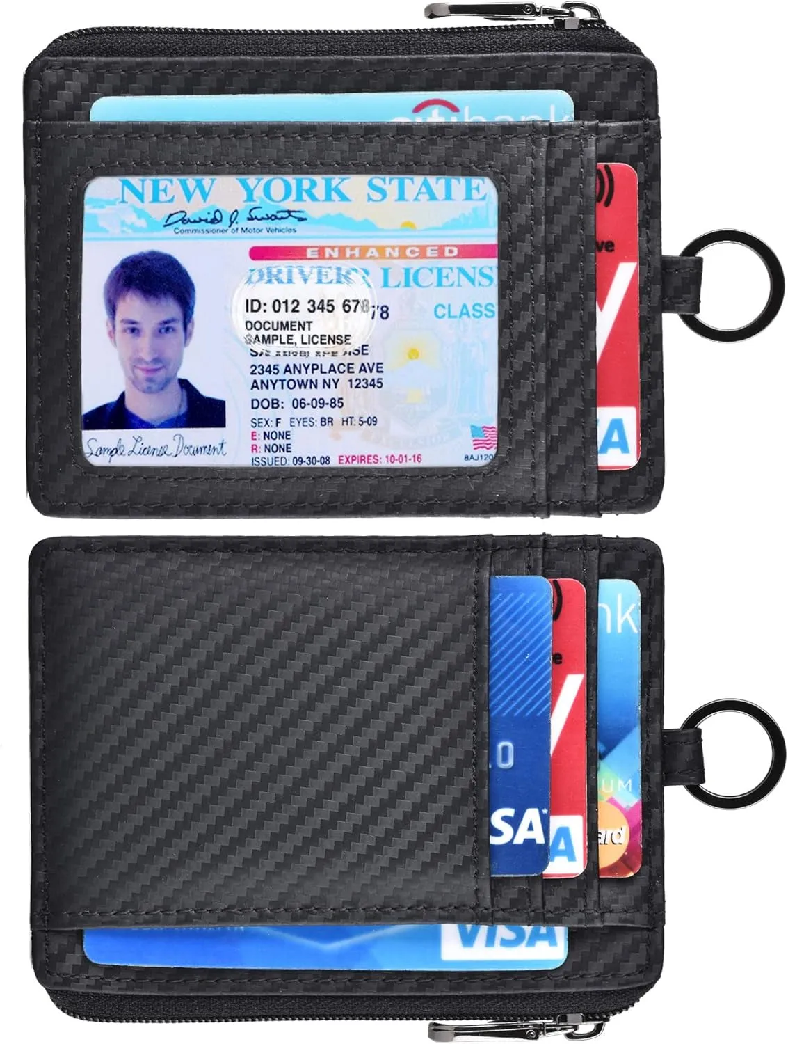 Slim Minimalist Zipper Front Pocket Wallet with Keychain Ring Lanyard Strap