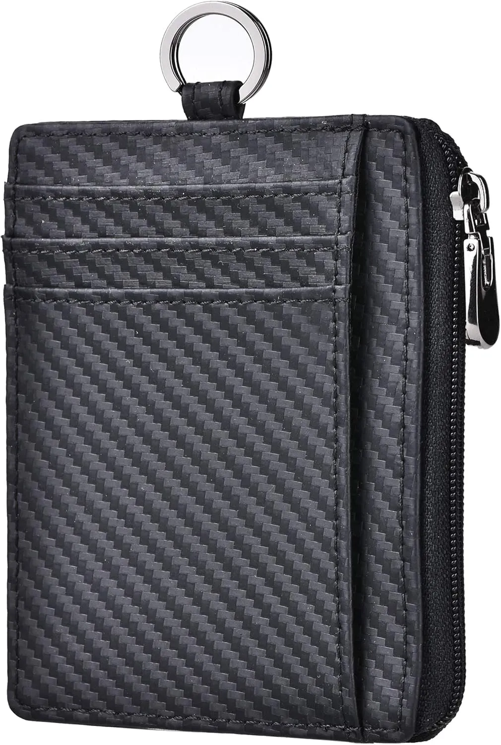 Slim Minimalist Zipper Front Pocket Wallet with Keychain Ring Lanyard Strap
