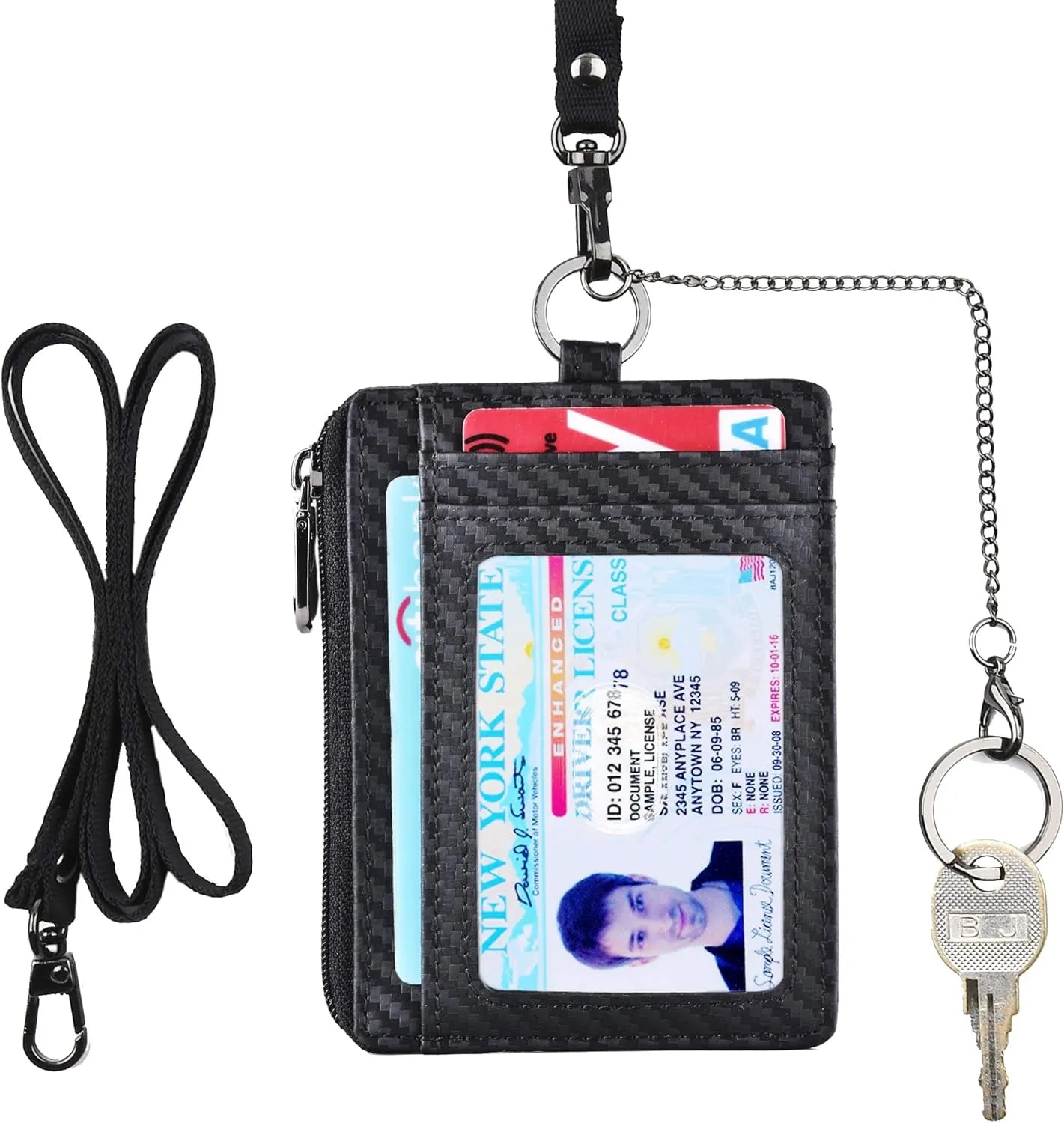 Slim Minimalist Zipper Front Pocket Wallet with Keychain Ring Lanyard Strap