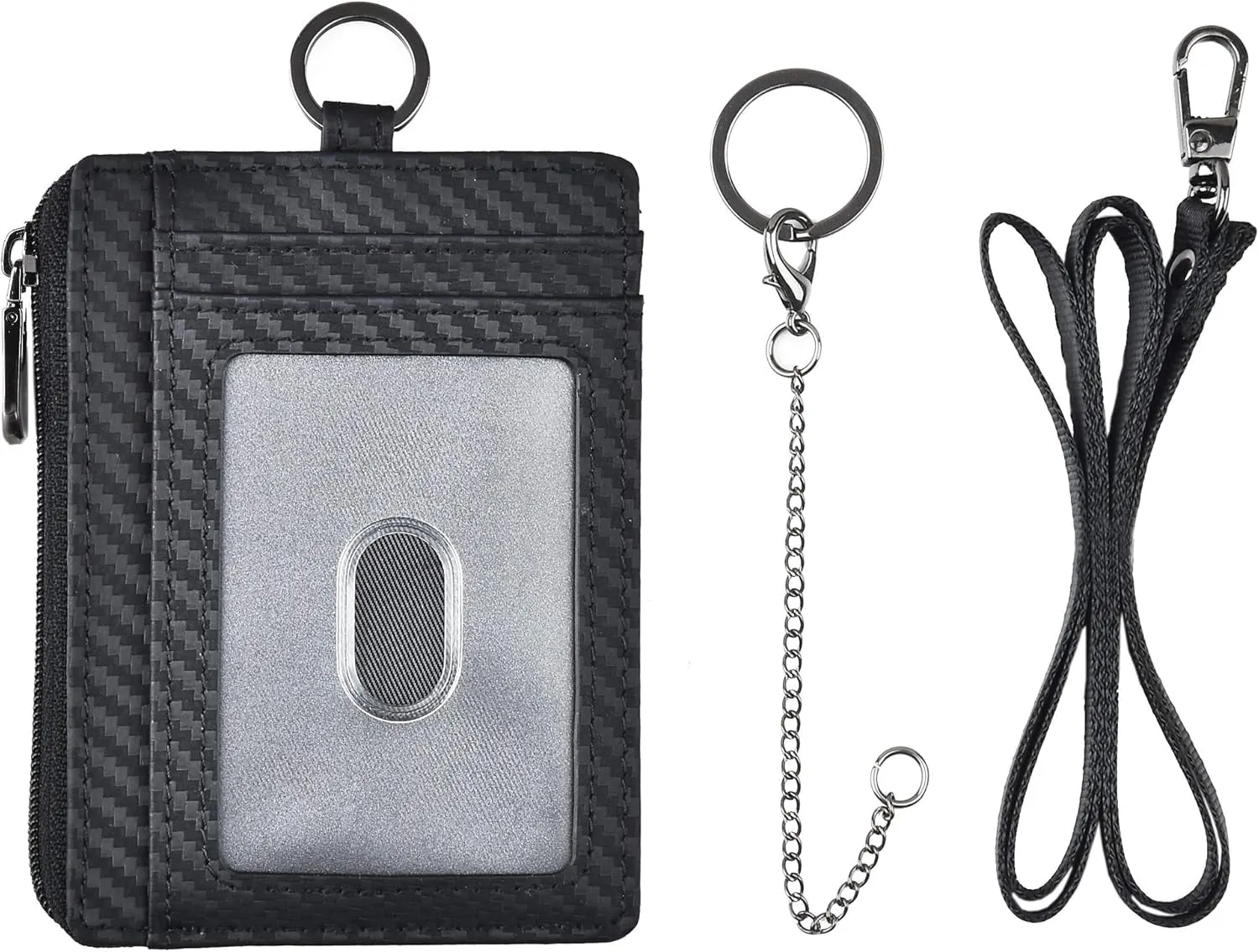 Slim Minimalist Zipper Front Pocket Wallet with Keychain Ring Lanyard Strap