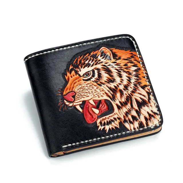 Vintag Short Cow Leather Carving Eagle Tiger Wallets Purses Women Men Clutch Vegetable Tanned Leather Wallet Card Holder