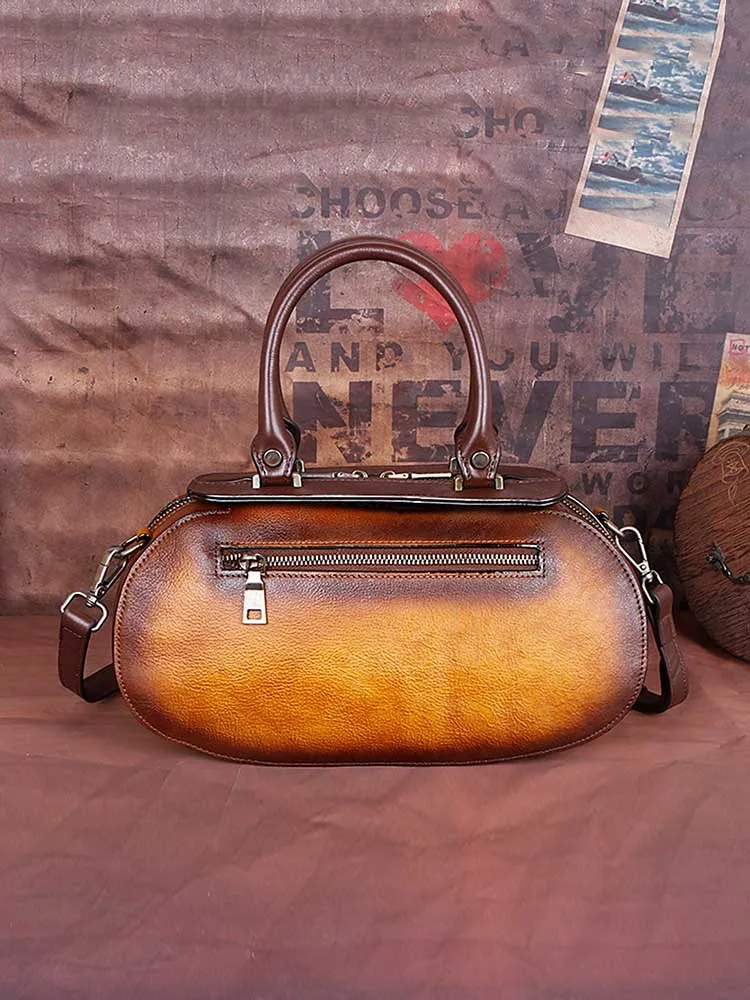 Vintage Embossed Leather Handmade Oval Handbag Messenger Bag