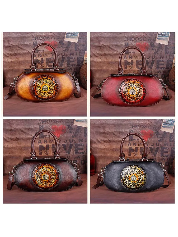 Vintage Embossed Leather Handmade Oval Handbag Messenger Bag