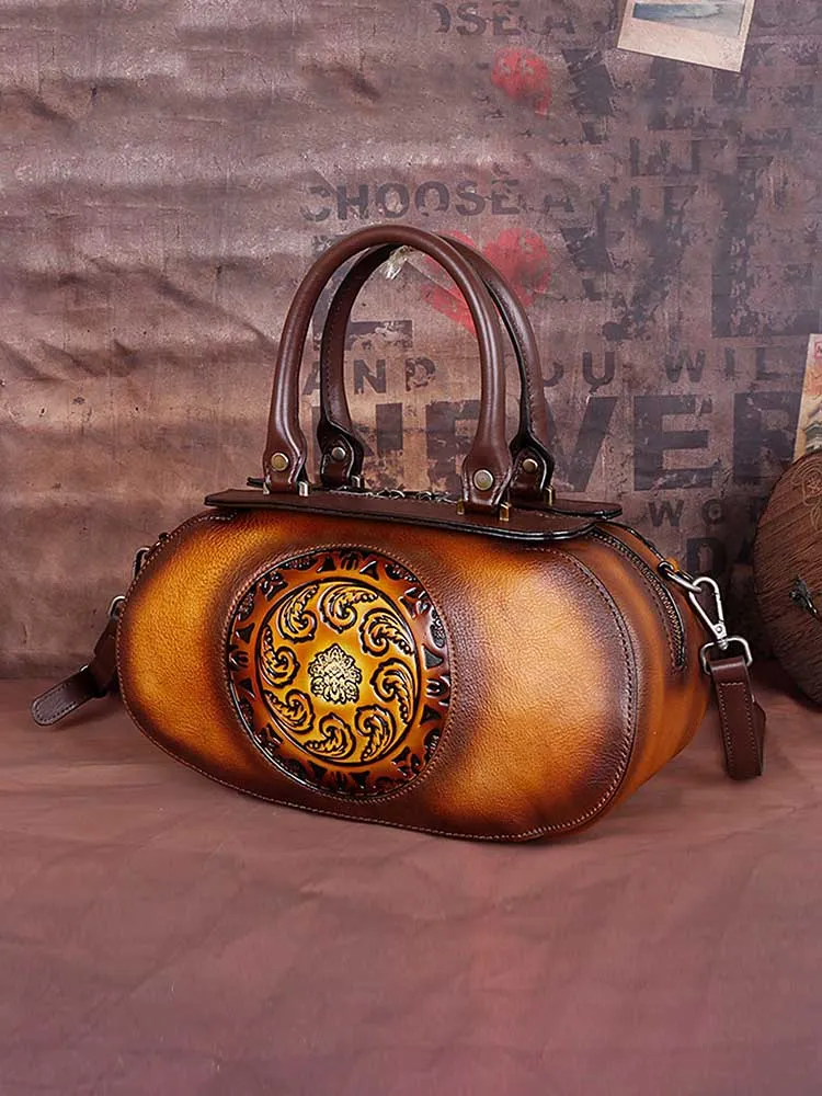 Vintage Embossed Leather Handmade Oval Handbag Messenger Bag