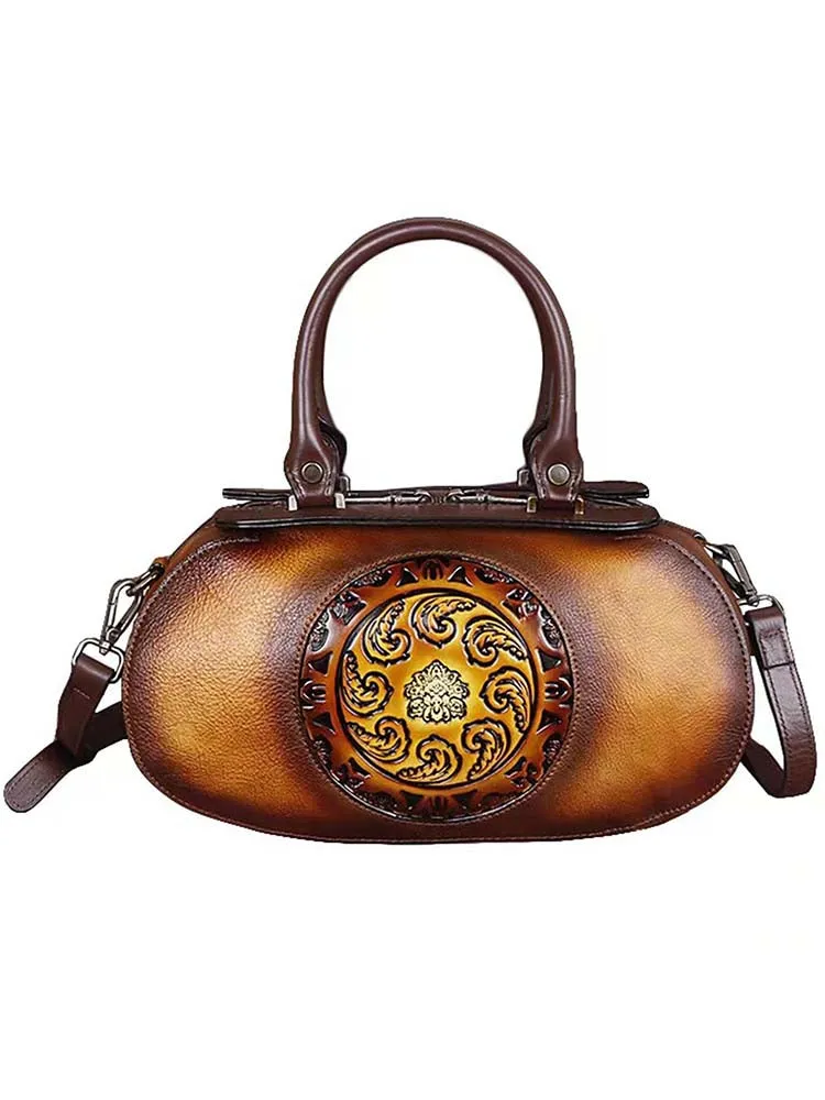 Vintage Embossed Leather Handmade Oval Handbag Messenger Bag