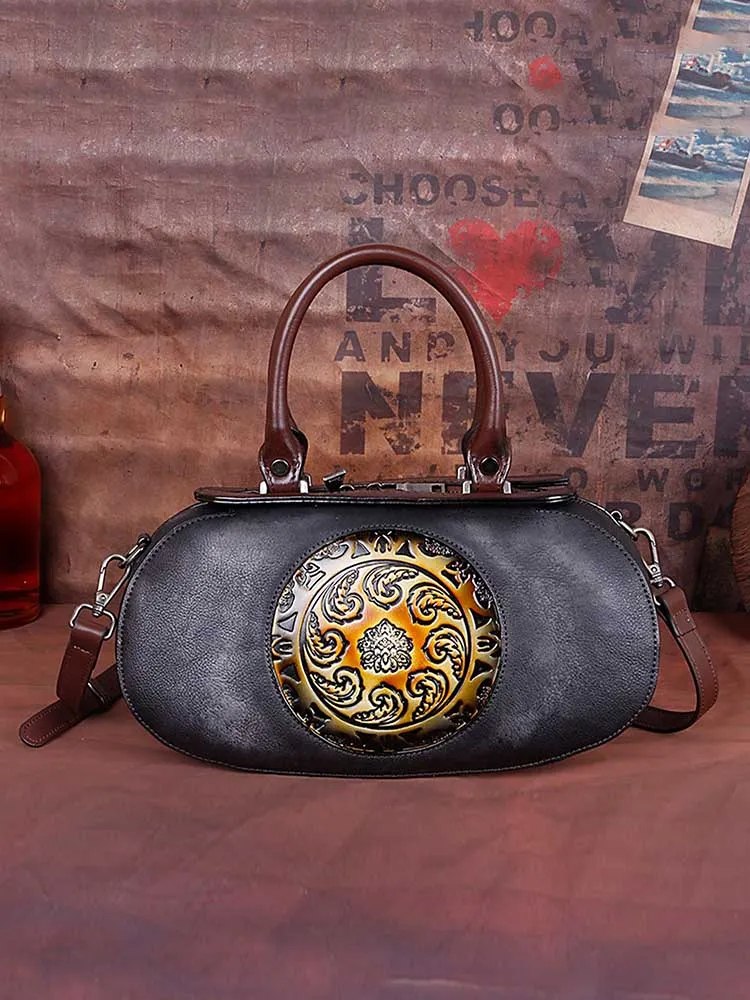 Vintage Embossed Leather Handmade Oval Handbag Messenger Bag