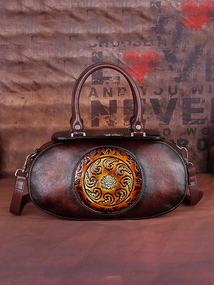Vintage Embossed Leather Handmade Oval Handbag Messenger Bag