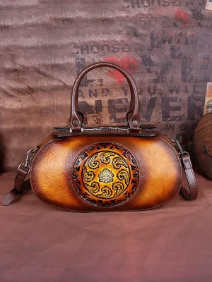 Vintage Embossed Leather Handmade Oval Handbag Messenger Bag