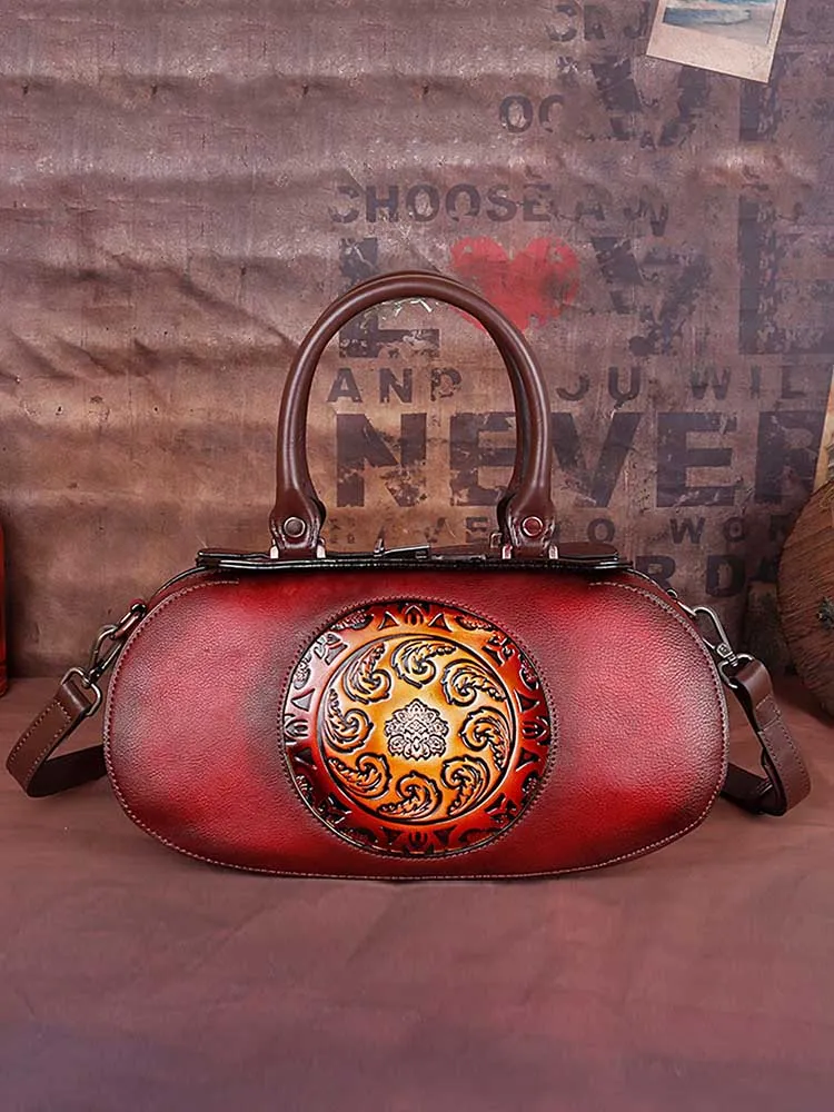 Vintage Embossed Leather Handmade Oval Handbag Messenger Bag