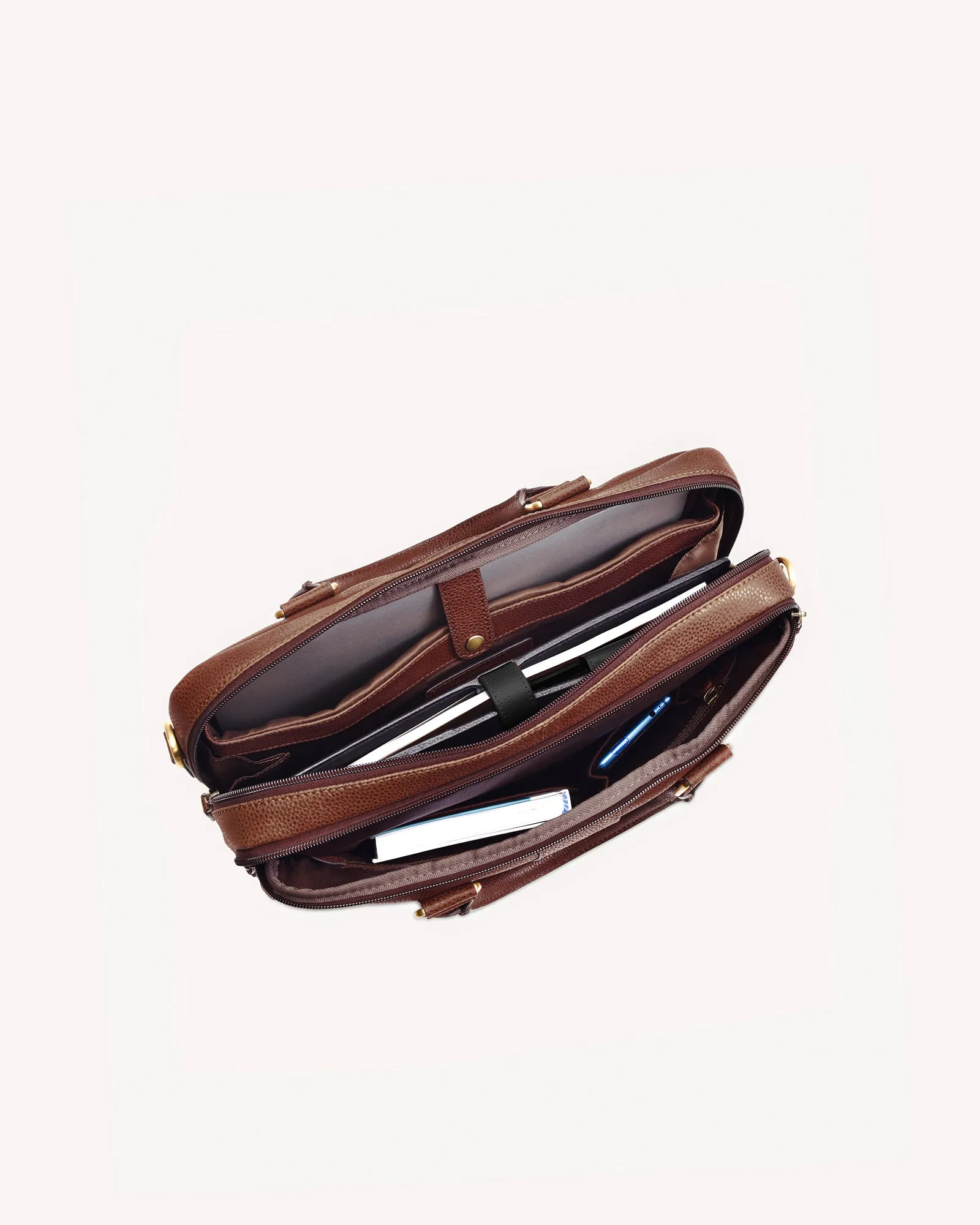 Wall Street Dual Zip Laptop Bag - Cognac Brown
