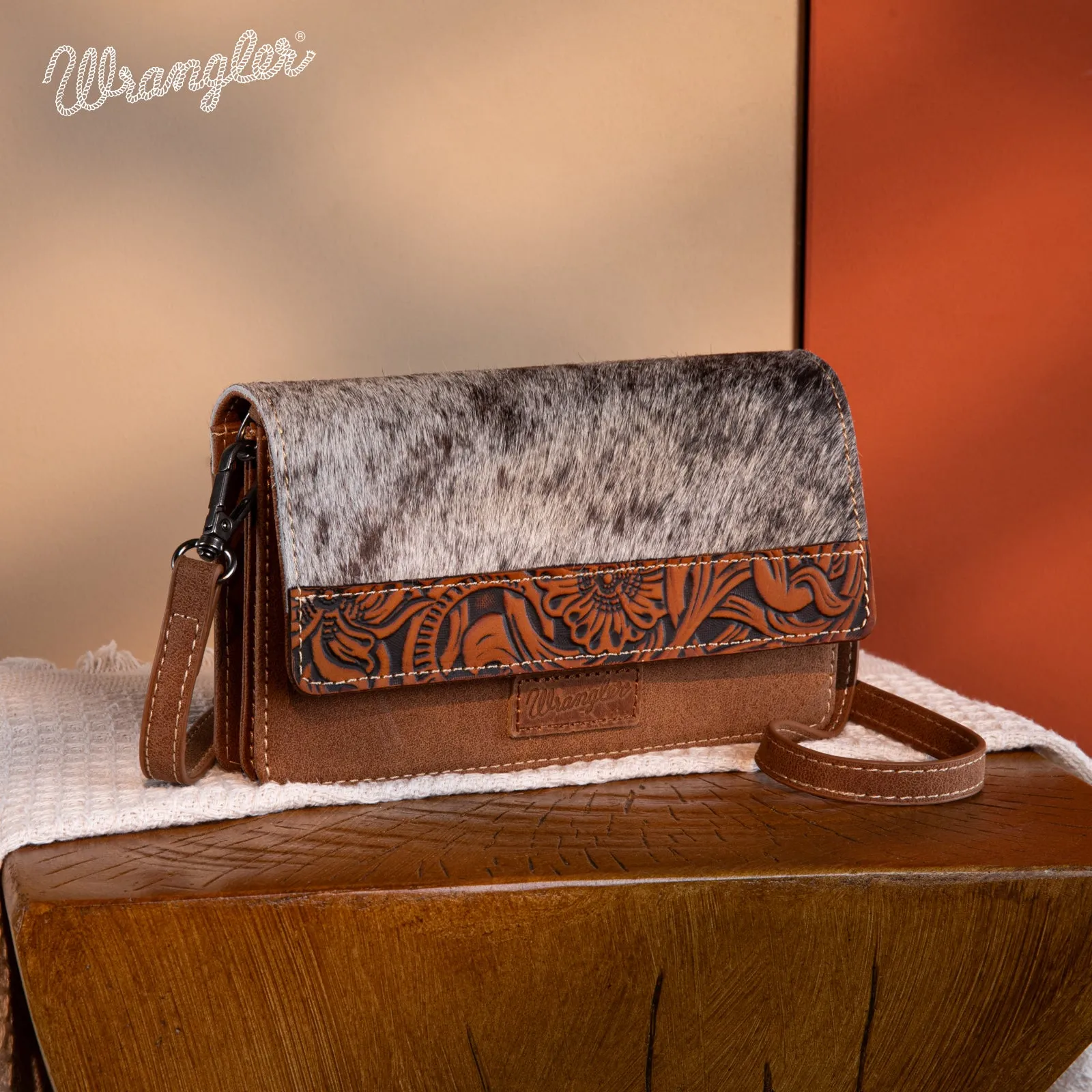WG169-W030  Wrangler Genuine Hair-On Cowhide Wallet/Crossbody  -Brown