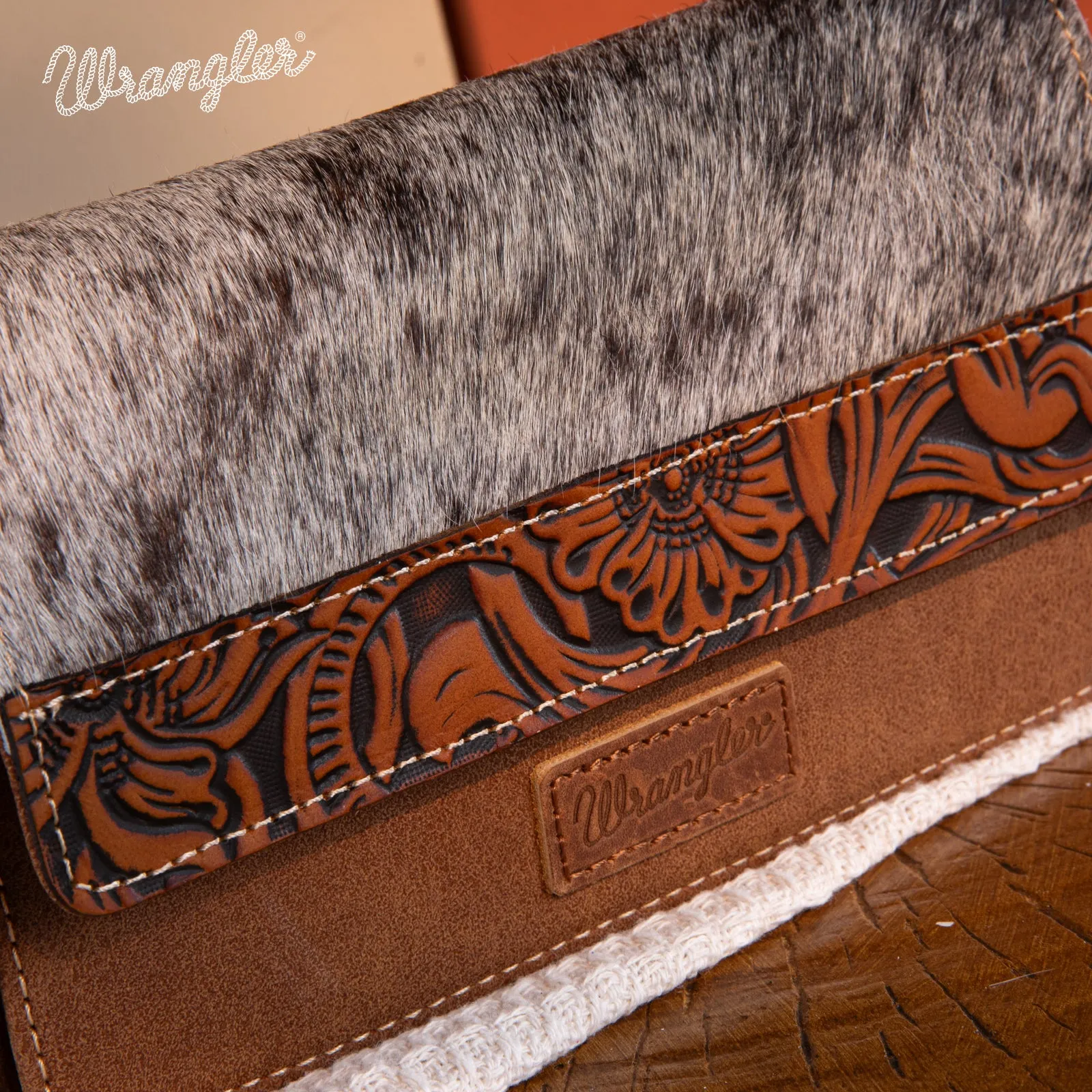 WG169-W030  Wrangler Genuine Hair-On Cowhide Wallet/Crossbody  -Brown
